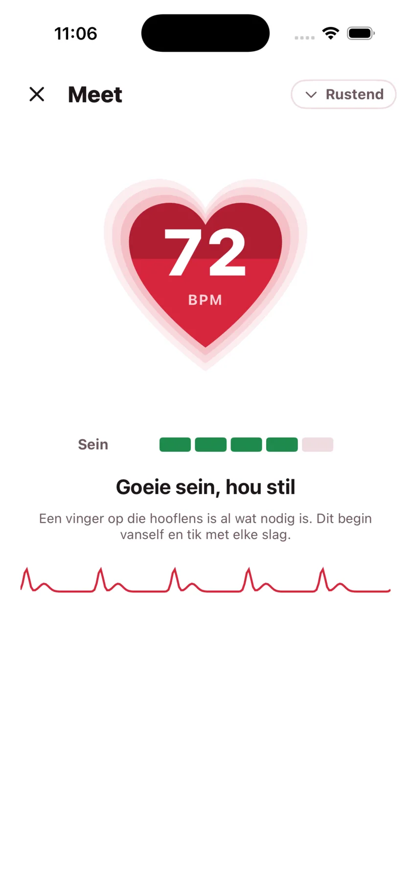 Taking a reading in HeartGlance: a large red heart filling from the bottom with 68 BPM inside it, a signal strength meter, and a live pulse trace.