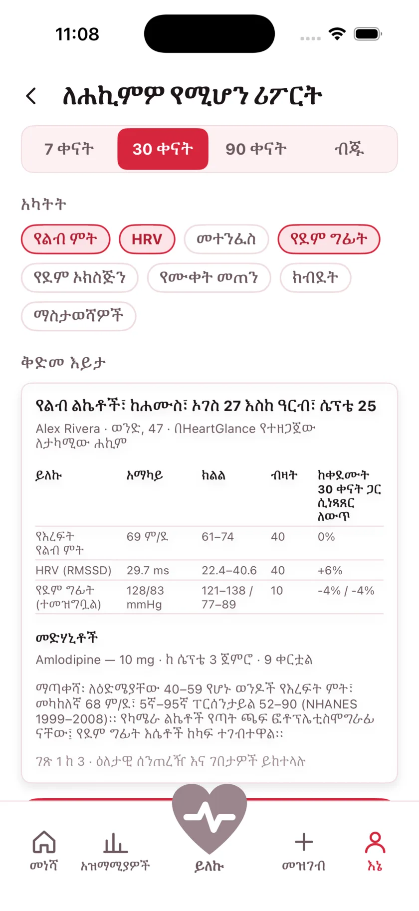 The report for your doctor: a printable page of averages, ranges and daily readings.
