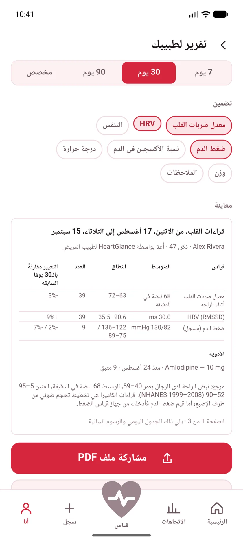 The doctor's report in HeartGlance, showing resting heart rate, variability and blood pressure with averages, ranges and change.