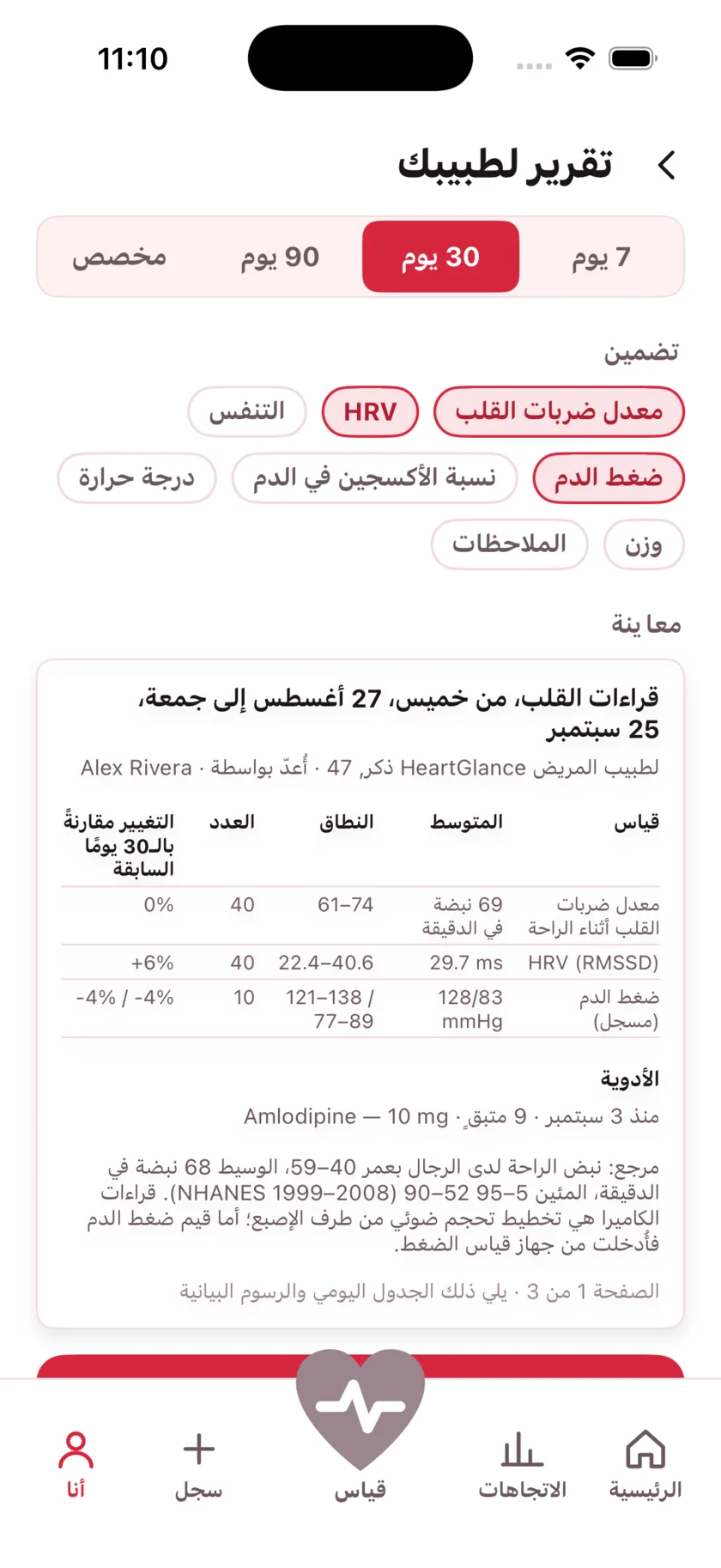 The report for your doctor: a printable page of averages, ranges and daily readings.