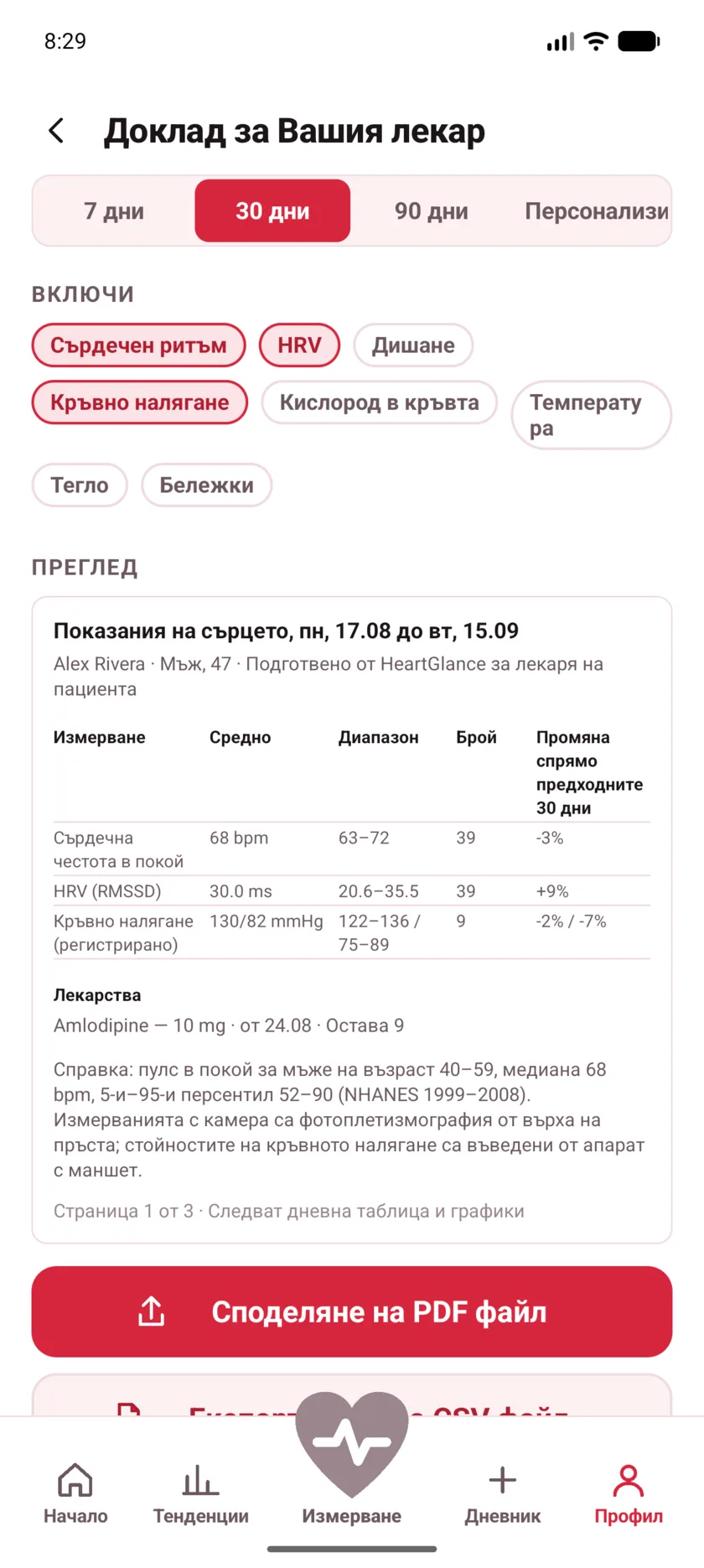 The doctor's report in HeartGlance, showing resting heart rate, variability and blood pressure with averages, ranges and change.