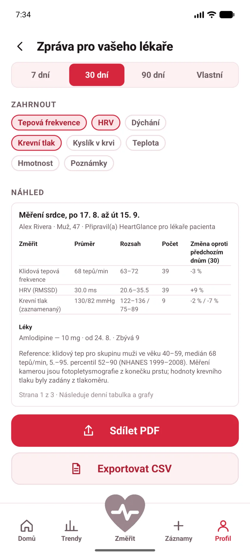 The doctor's report in HeartGlance, showing resting heart rate, variability and blood pressure with averages, ranges and change.