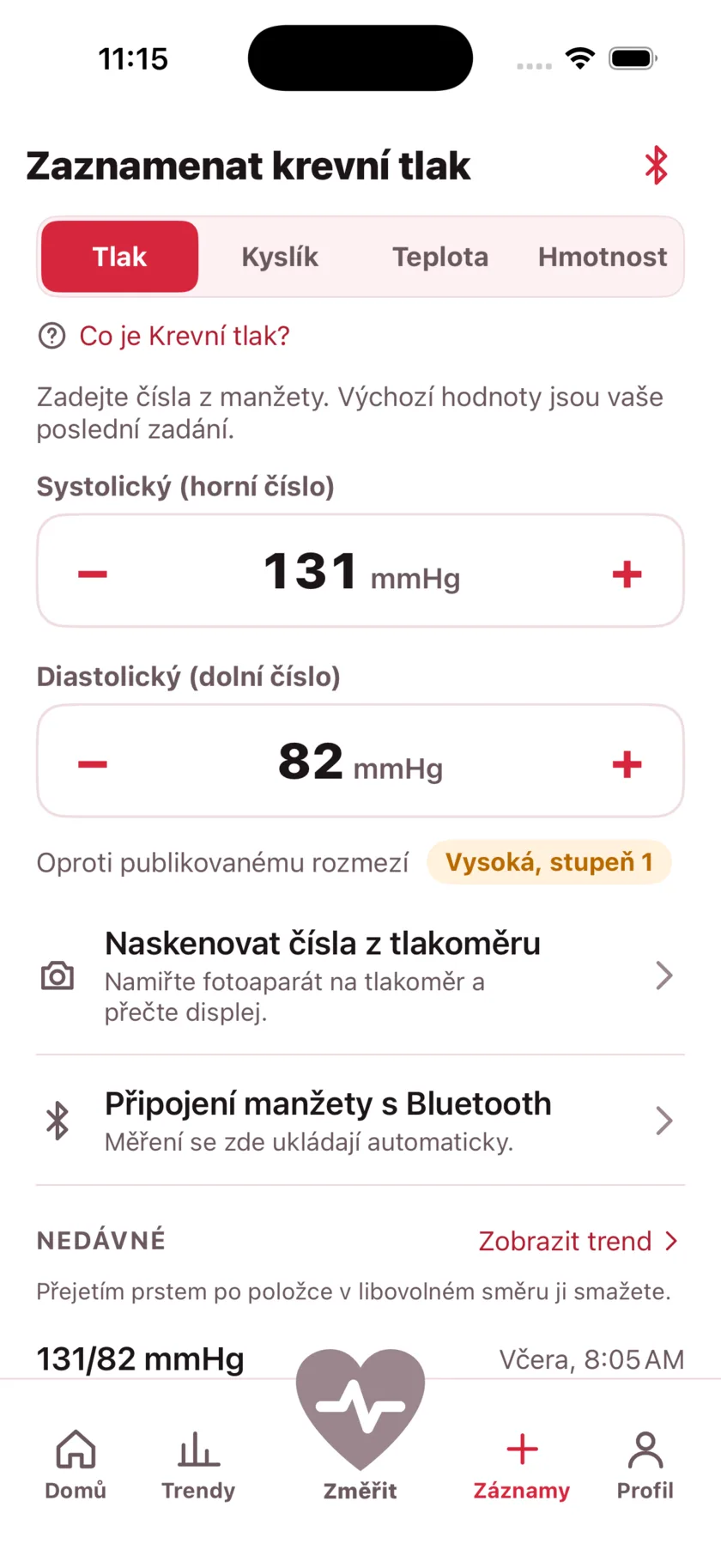 The log screen for entering blood pressure, blood oxygen, temperature and weight by hand.