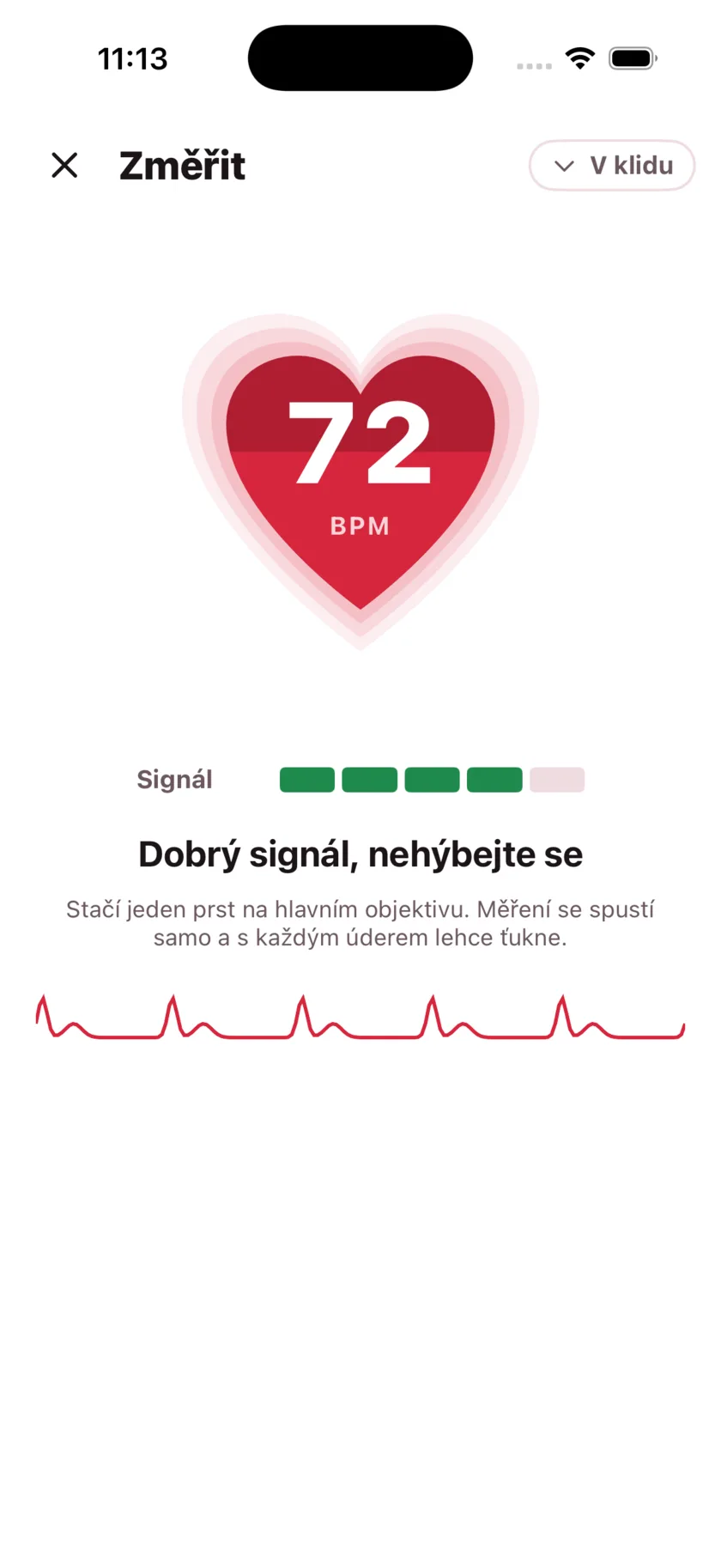 Taking a reading in HeartGlance: a large red heart filling from the bottom with 68 BPM inside it, a signal strength meter, and a live pulse trace.