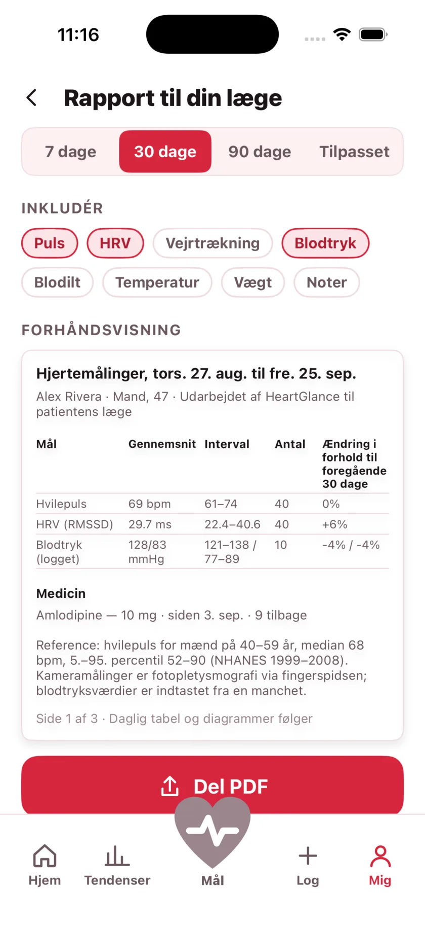 The report for your doctor: a printable page of averages, ranges and daily readings.