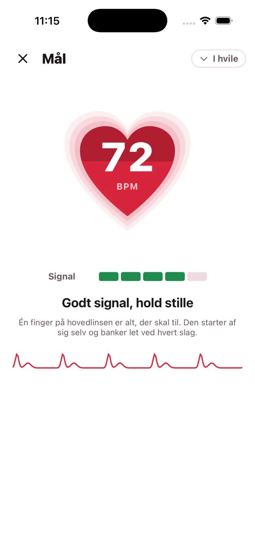 Taking a reading in HeartGlance: a large red heart filling from the bottom with 68 BPM inside it, a signal strength meter, and a live pulse trace.