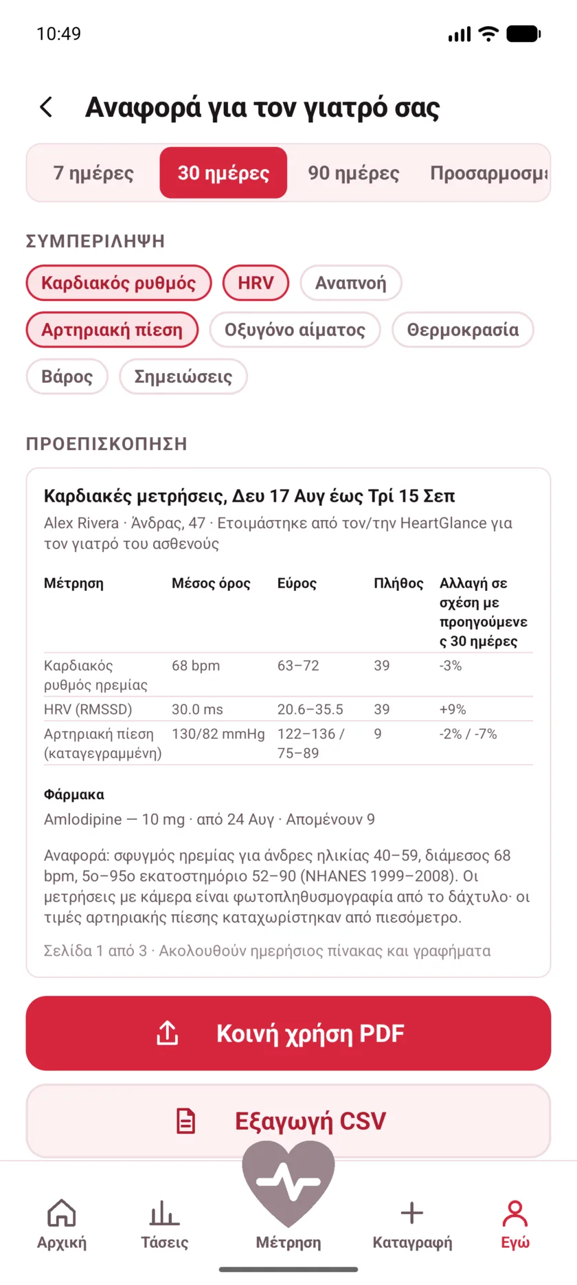 The doctor's report in HeartGlance, showing resting heart rate, variability and blood pressure with averages, ranges and change.