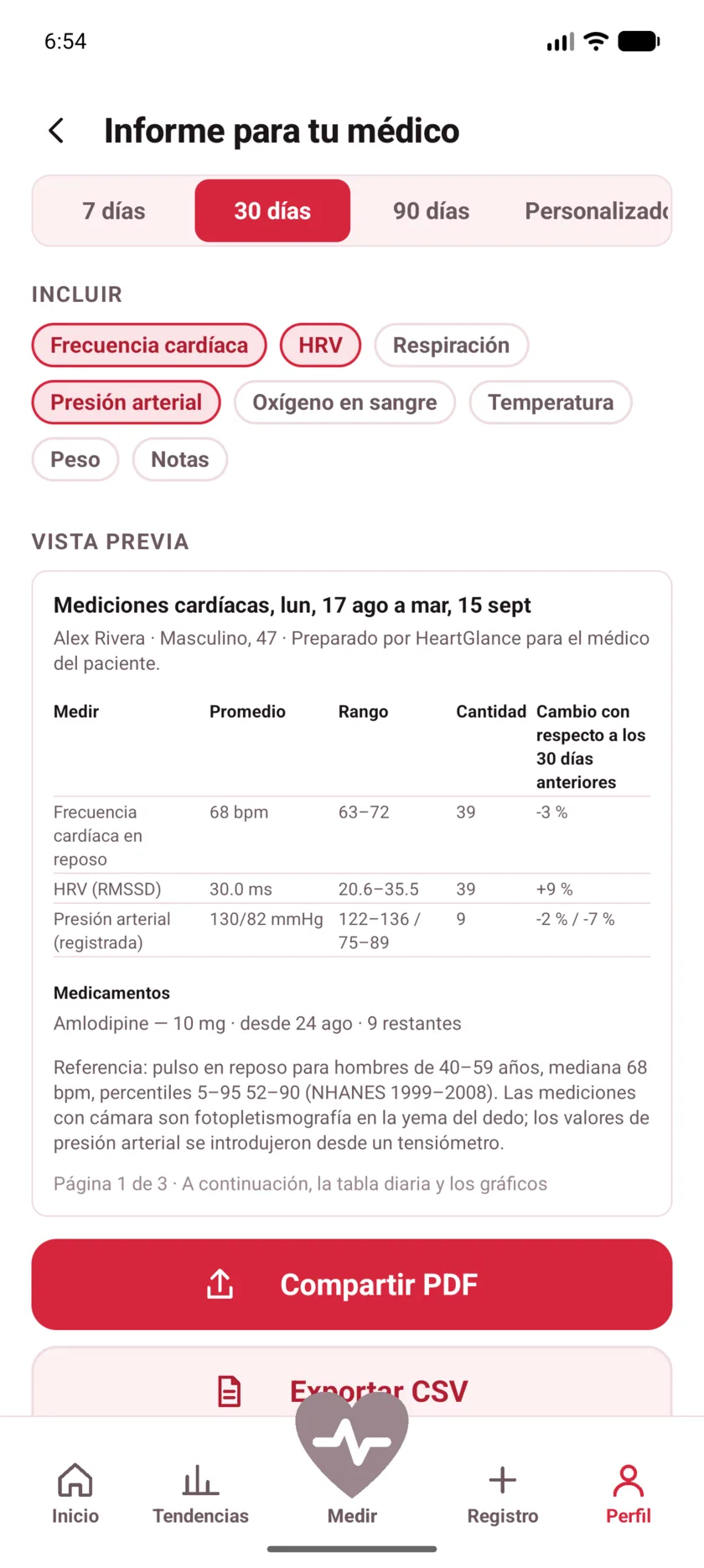 The doctor's report in HeartGlance, showing resting heart rate, variability and blood pressure with averages, ranges and change.