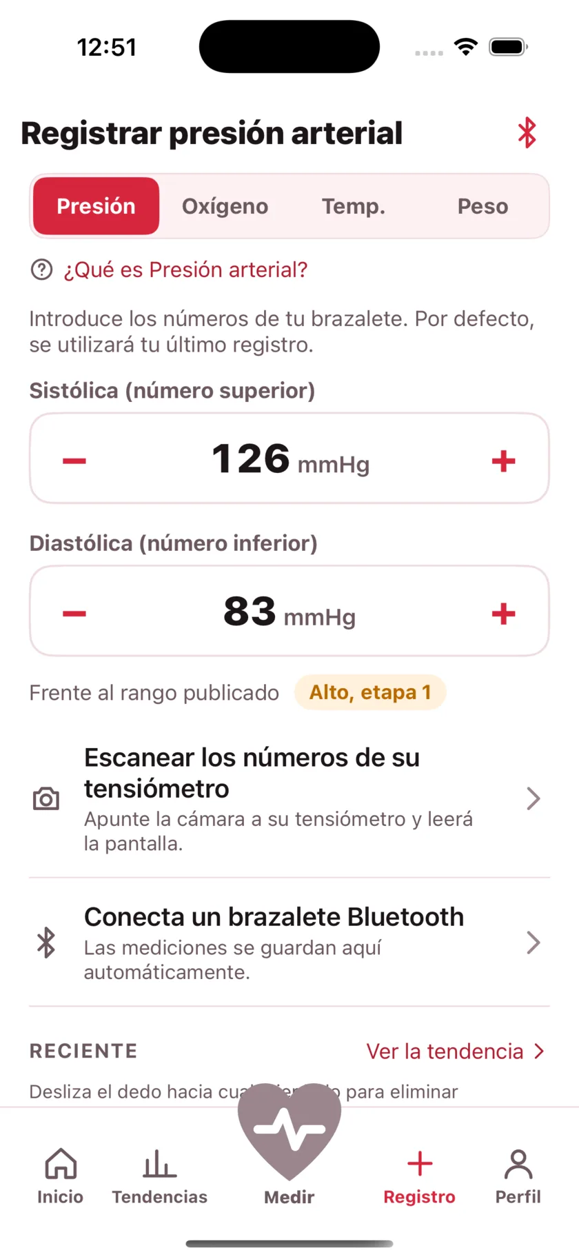 The log screen for entering blood pressure, blood oxygen, temperature and weight by hand.