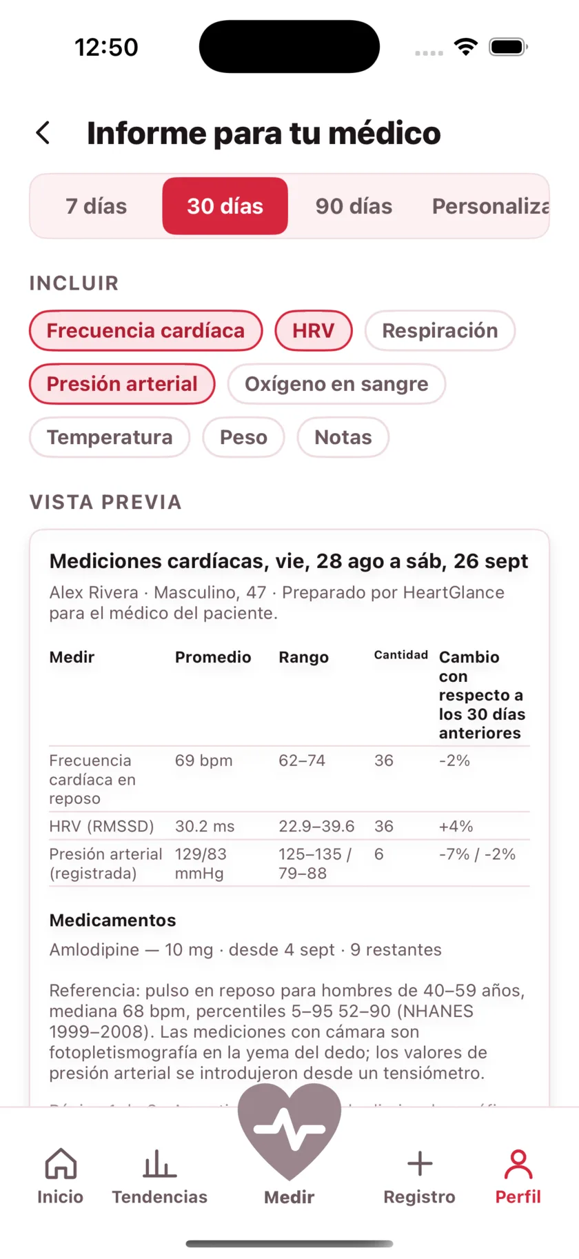 The report for your doctor: a printable page of averages, ranges and daily readings.