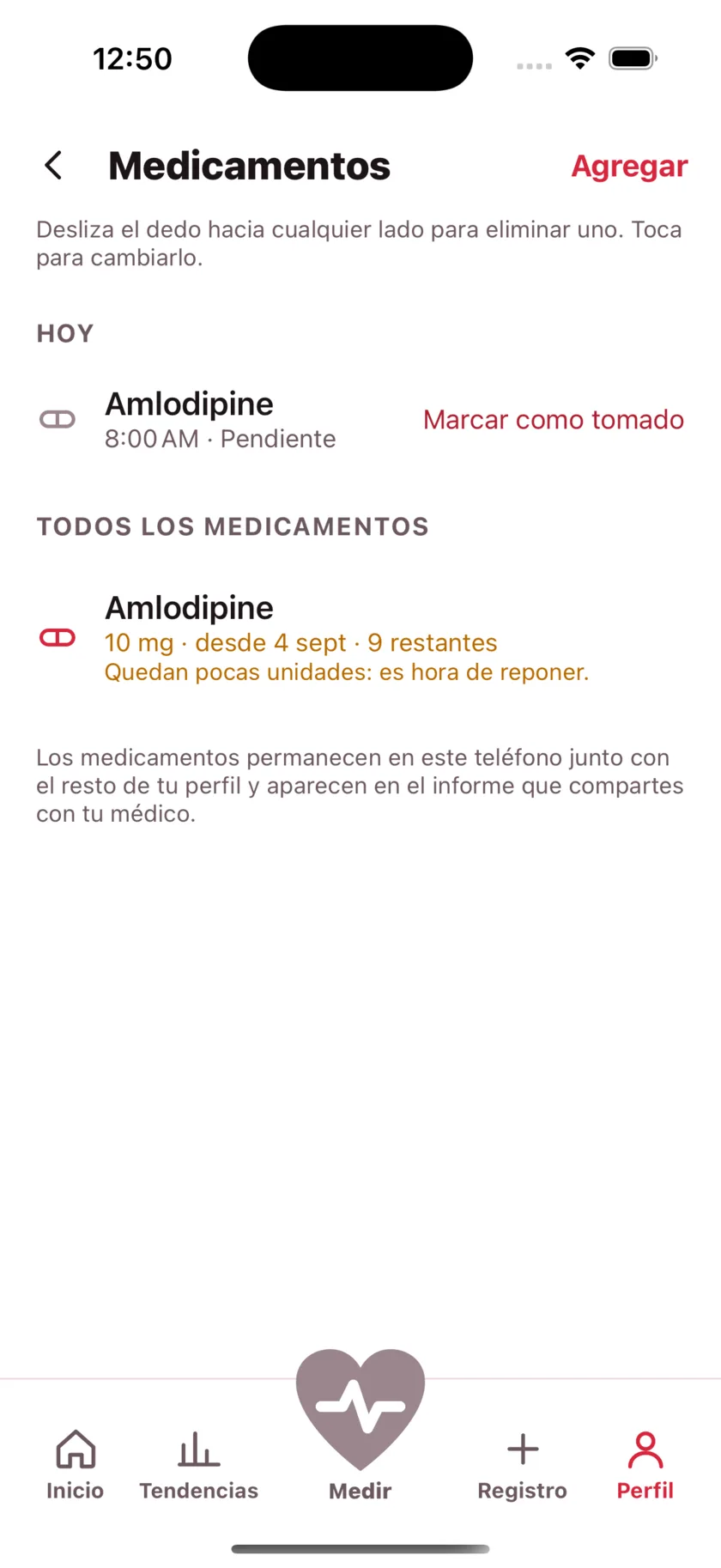 The medications screen showing today's dose due and a warning that the packet is running low.