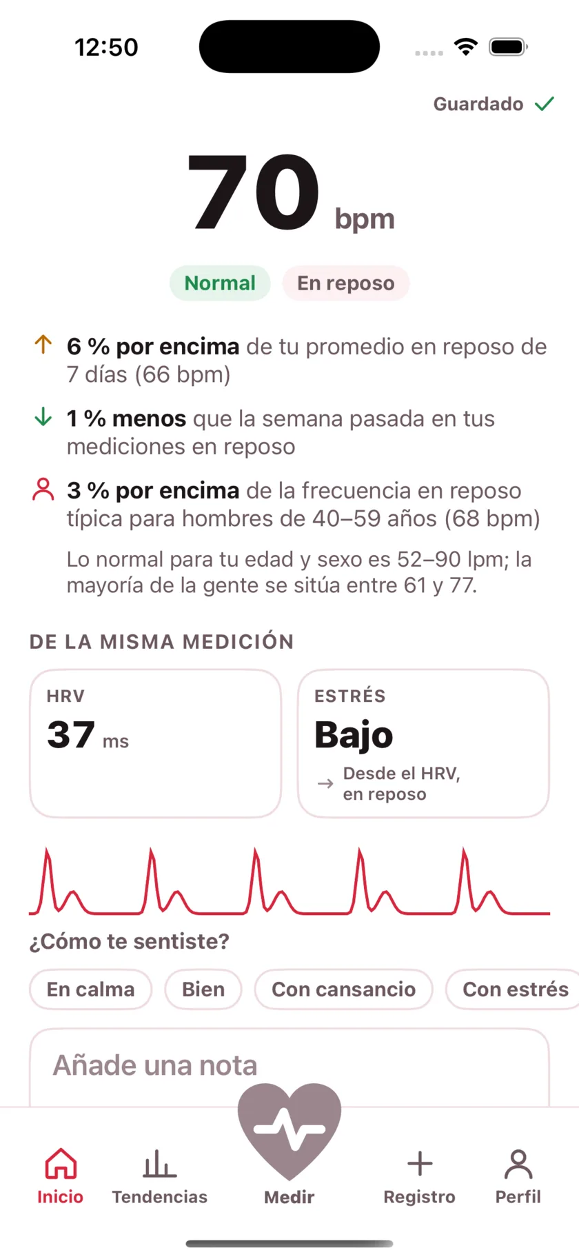 The result screen after a reading, showing the heart rate, its status, and the variability recorded from the same capture.