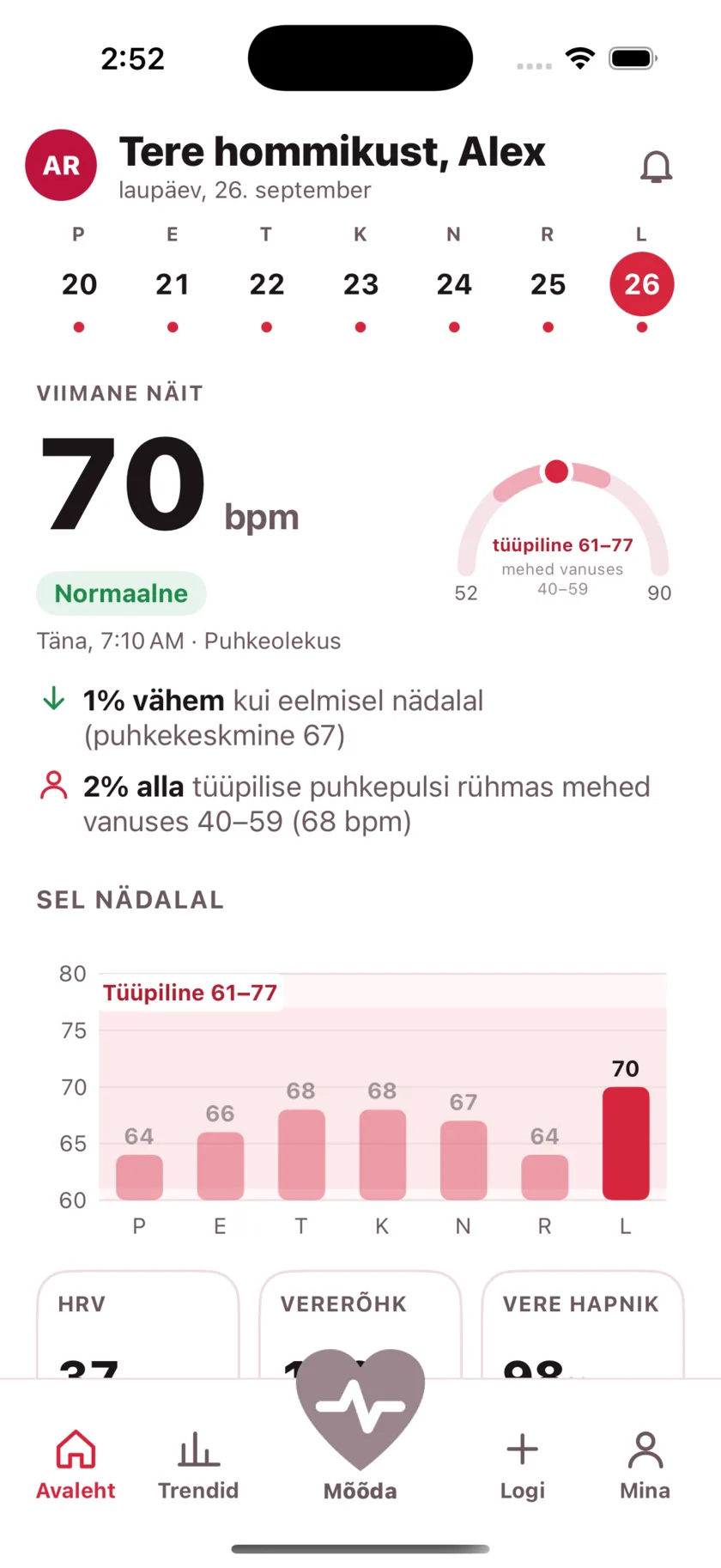 The HeartGlance home screen: a week of days across the top, a resting reading of 66 bpm with a Normal pill, a gauge showing it against the typical range for men 40 to 59, and a bar chart of the week.
