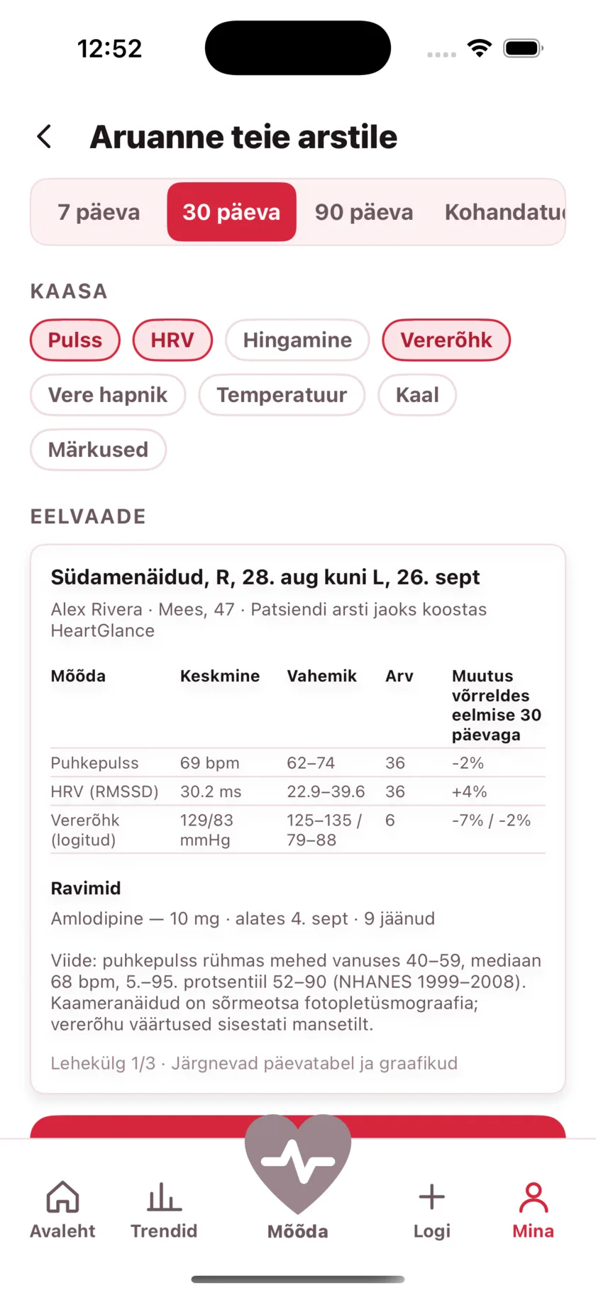 The report for your doctor: a printable page of averages, ranges and daily readings.