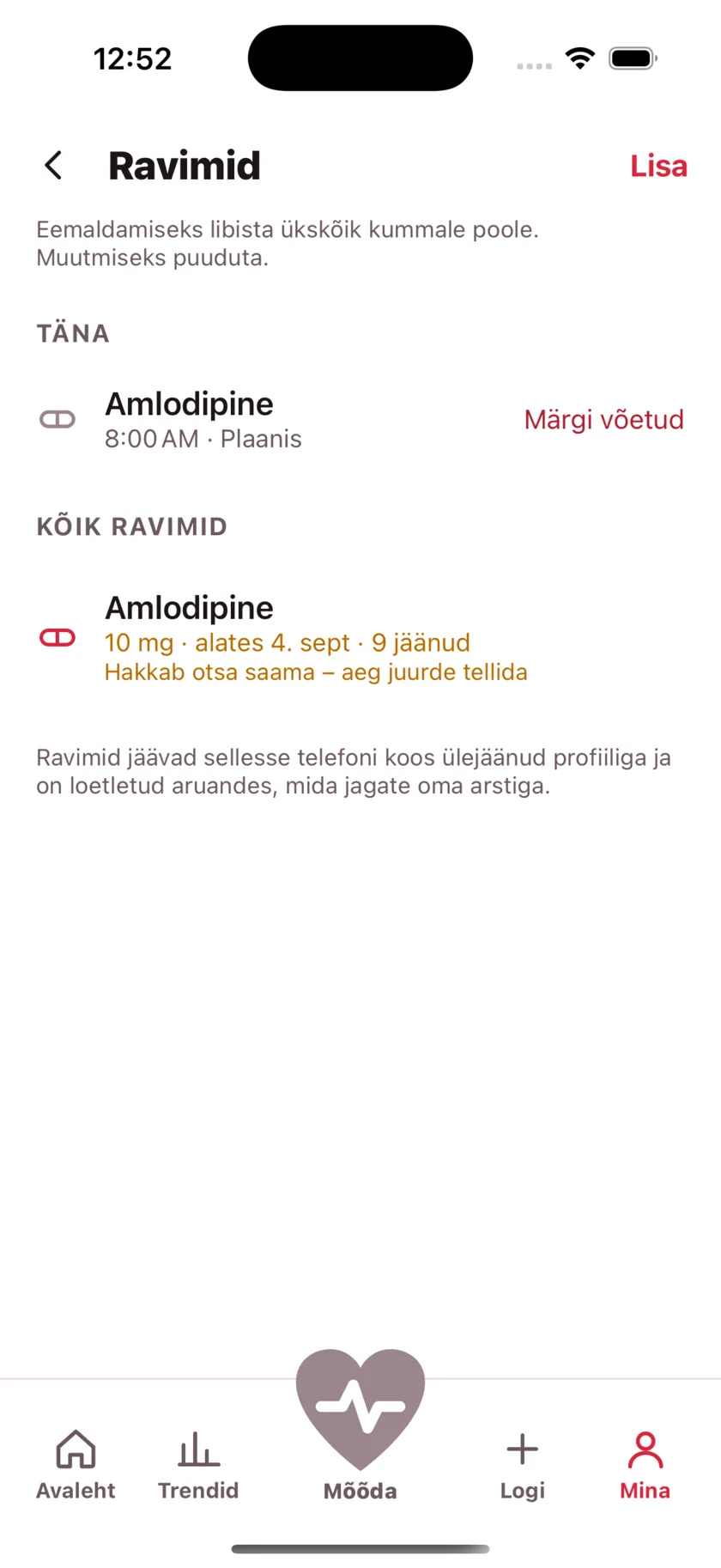 The medications screen showing today's dose due and a warning that the packet is running low.