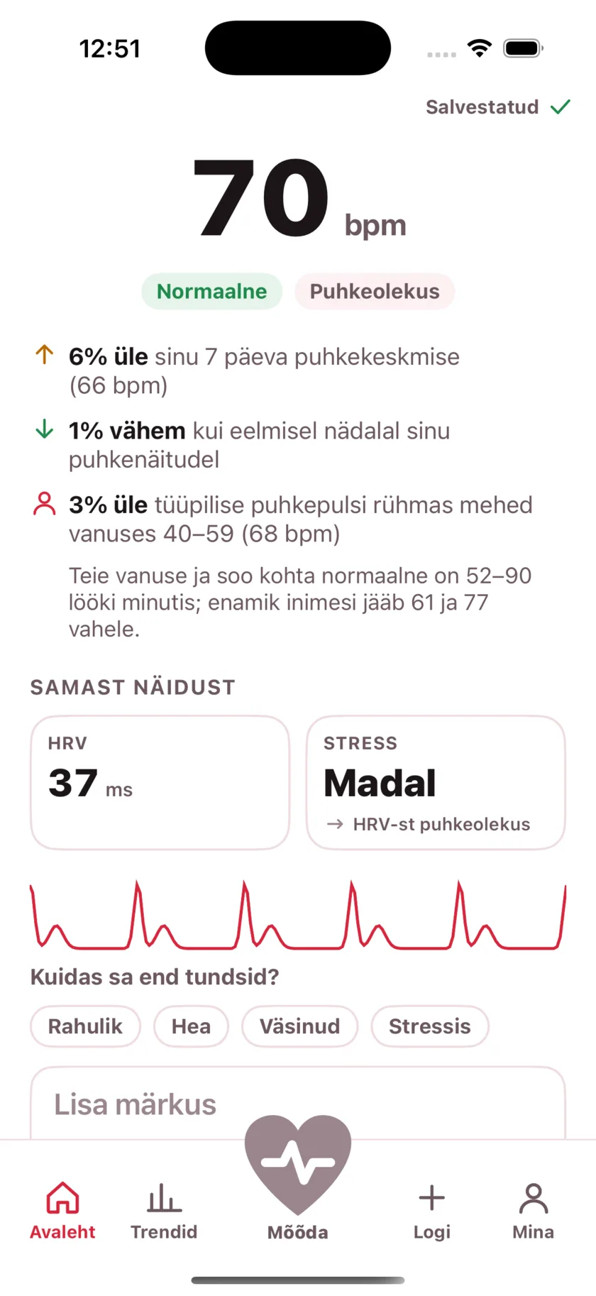 The result screen after a reading, showing the heart rate, its status, and the variability recorded from the same capture.