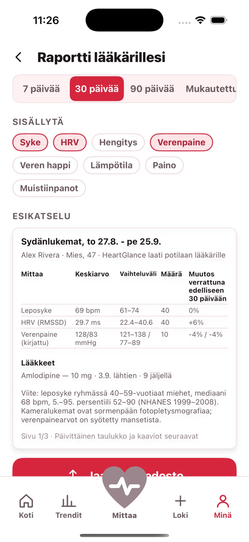 The report for your doctor: a printable page of averages, ranges and daily readings.