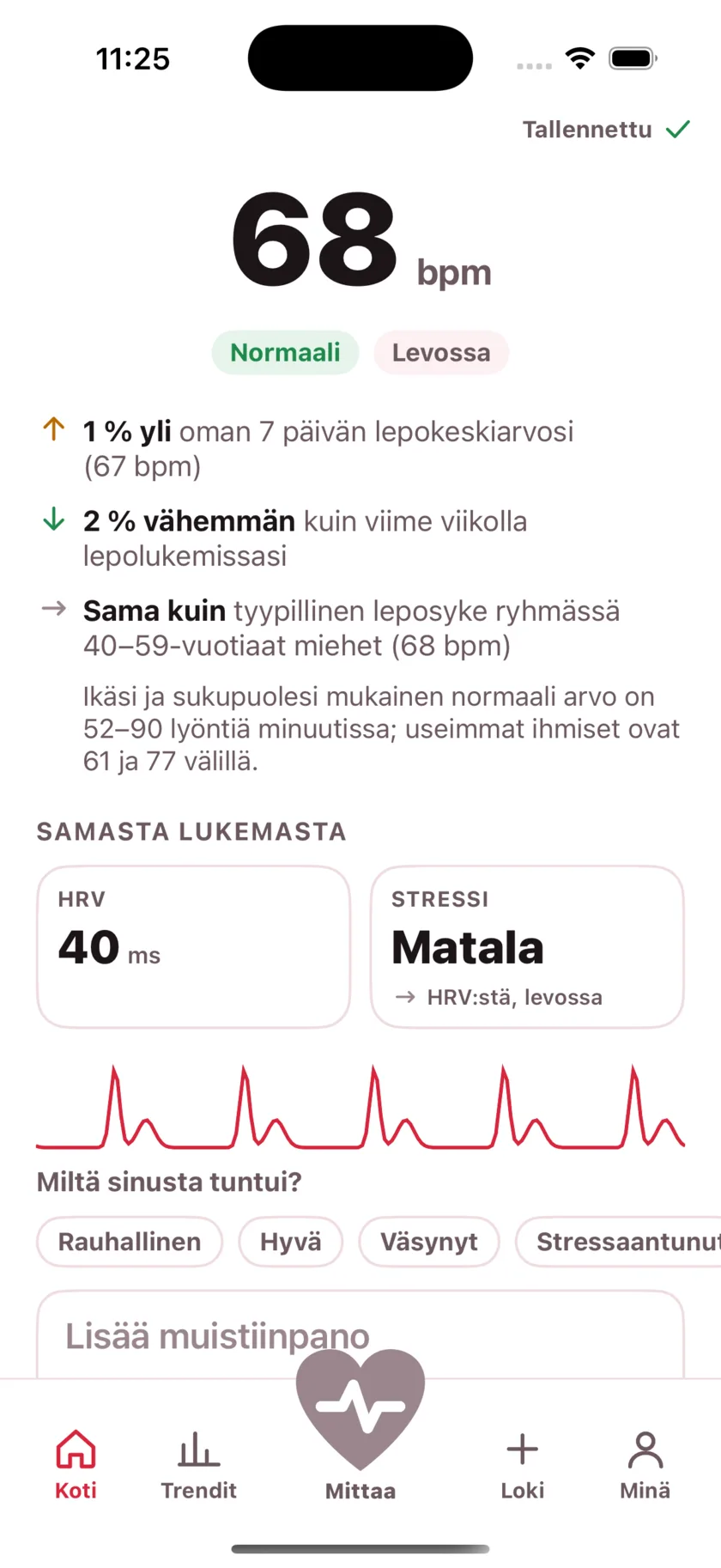 The result screen after a reading, showing the heart rate, its status, and the variability recorded from the same capture.