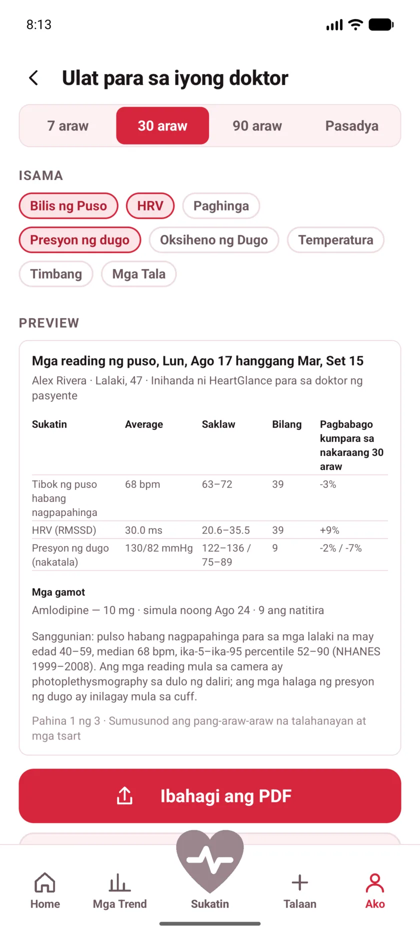The doctor's report in HeartGlance, showing resting heart rate, variability and blood pressure with averages, ranges and change.