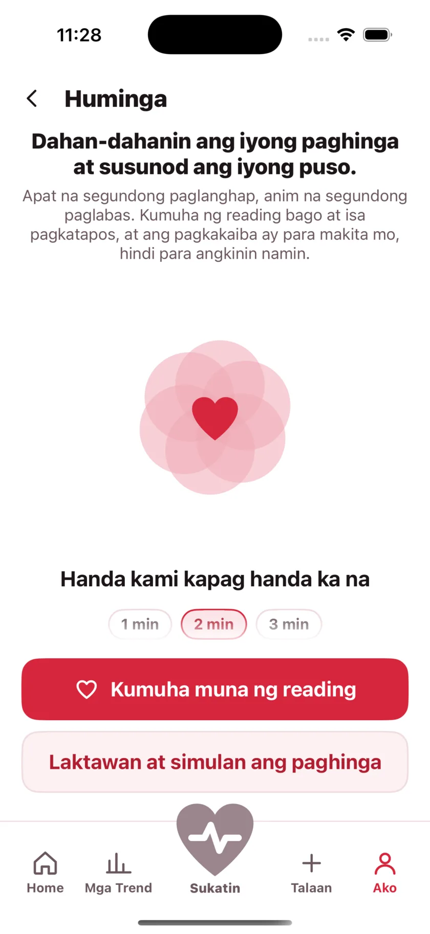 The Breathe screen: a large heart expanding and contracting, the words Breathe in, and a one, two or three minute choice.