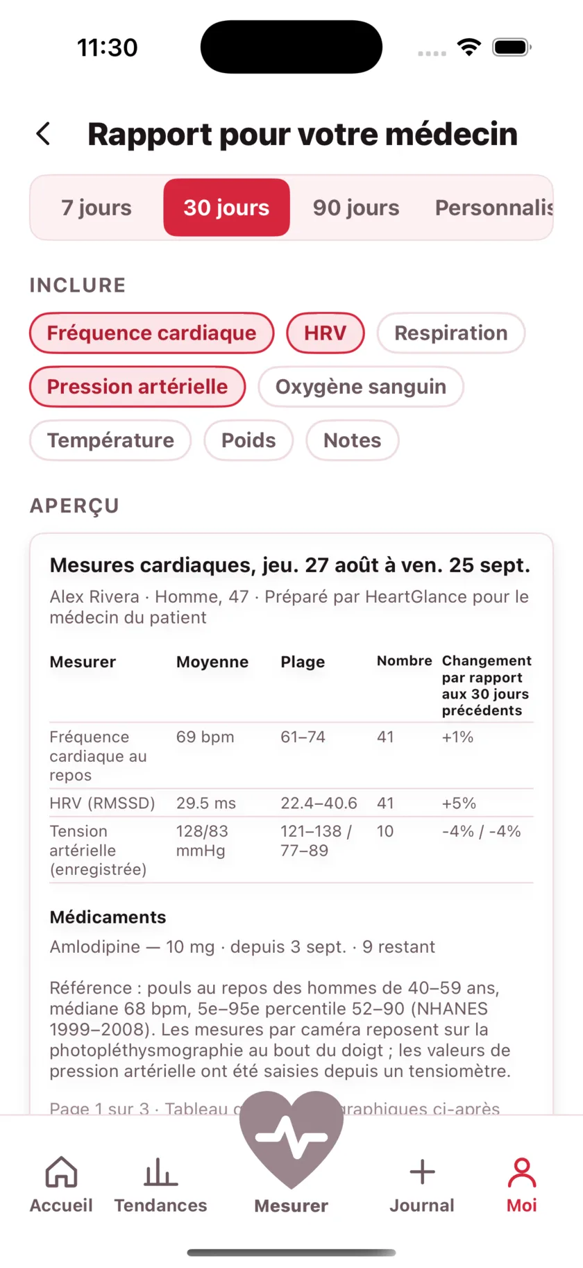 The report for your doctor: a printable page of averages, ranges and daily readings.