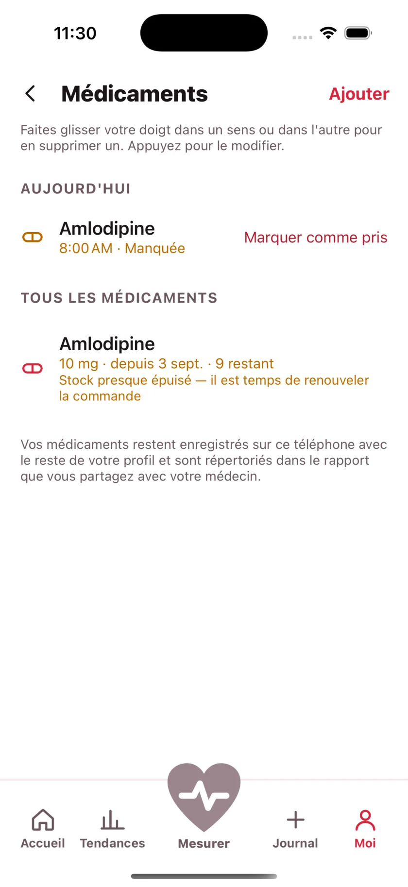 The medications screen showing today's dose due and a warning that the packet is running low.