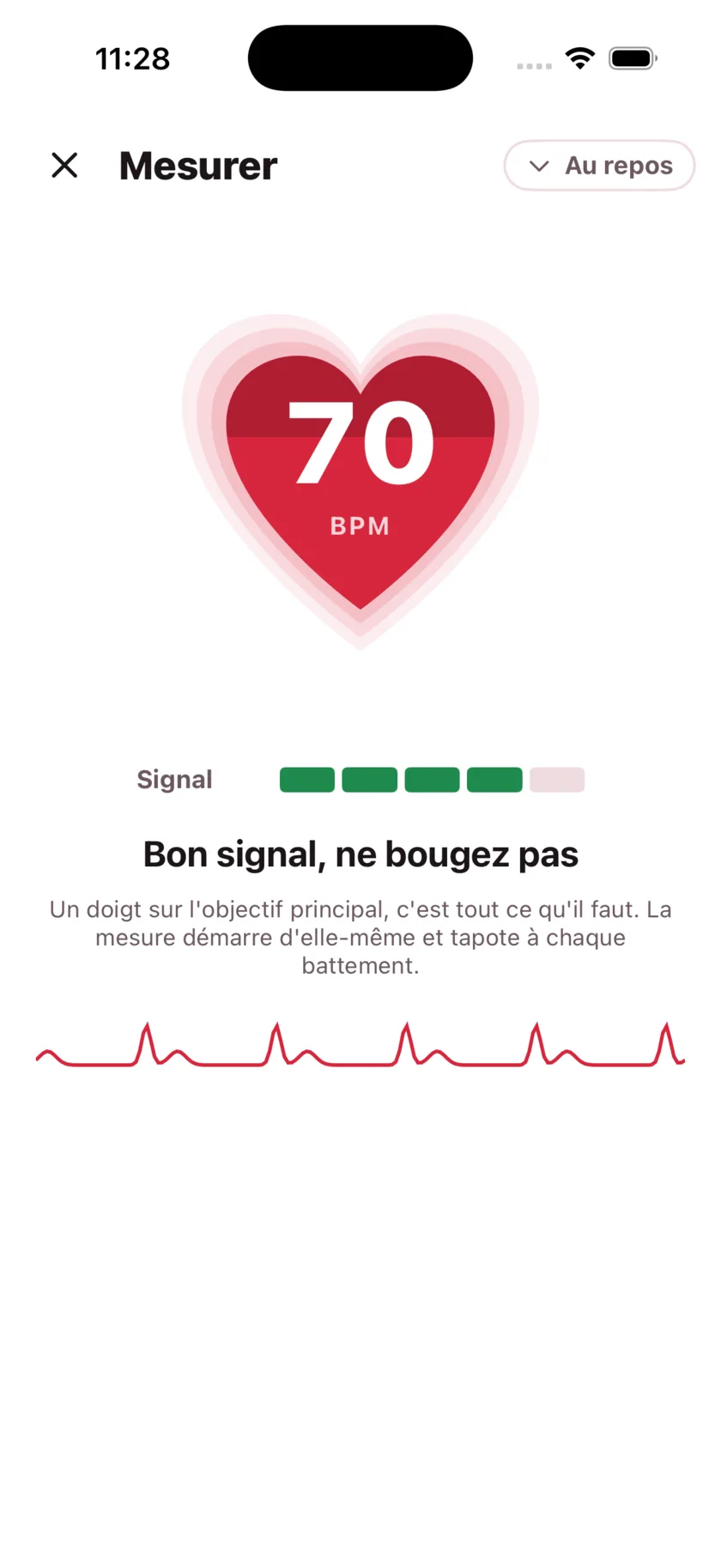 Taking a reading in HeartGlance: a large red heart filling from the bottom with 68 BPM inside it, a signal strength meter, and a live pulse trace.