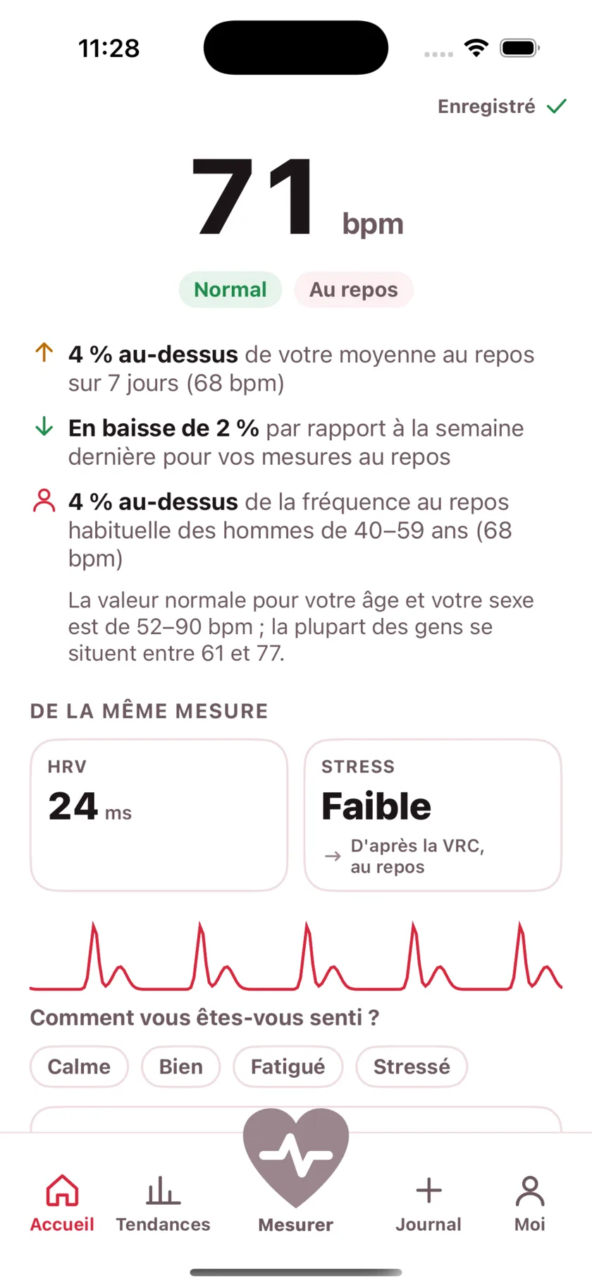 The result screen after a reading, showing the heart rate, its status, and the variability recorded from the same capture.