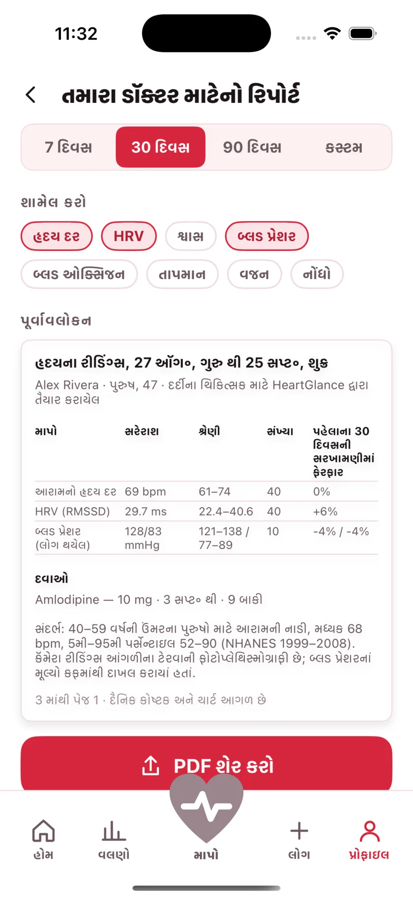 The report for your doctor: a printable page of averages, ranges and daily readings.