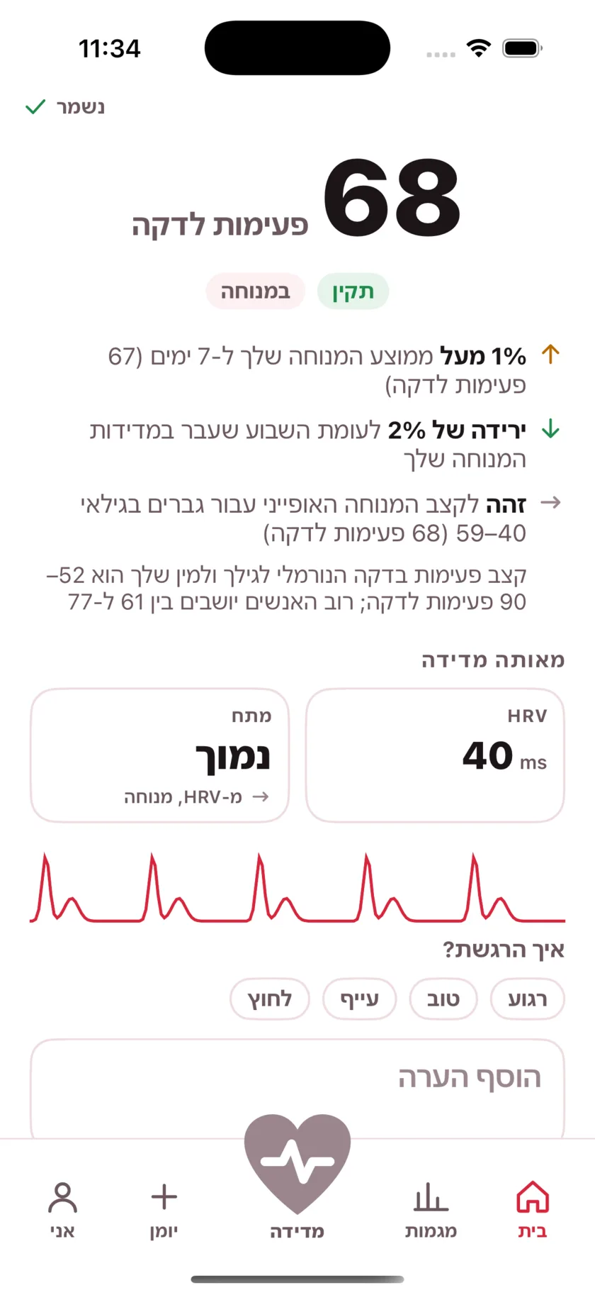 The result screen after a reading, showing the heart rate, its status, and the variability recorded from the same capture.