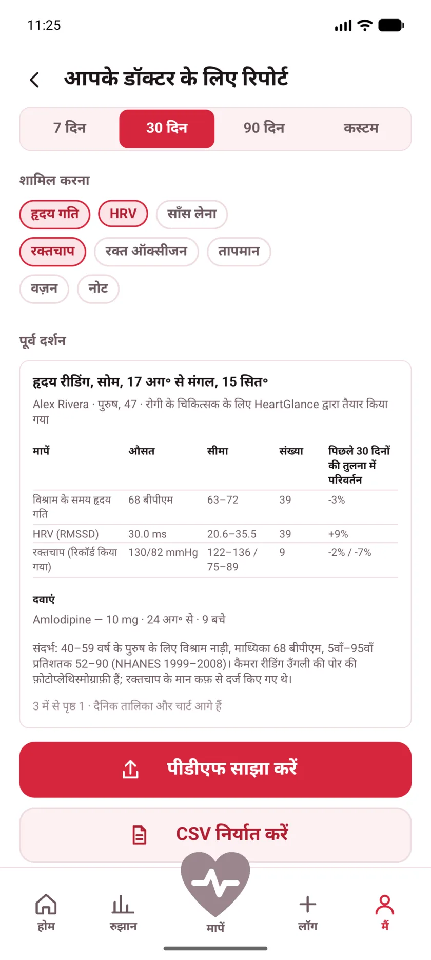 The doctor's report in HeartGlance, showing resting heart rate, variability and blood pressure with averages, ranges and change.
