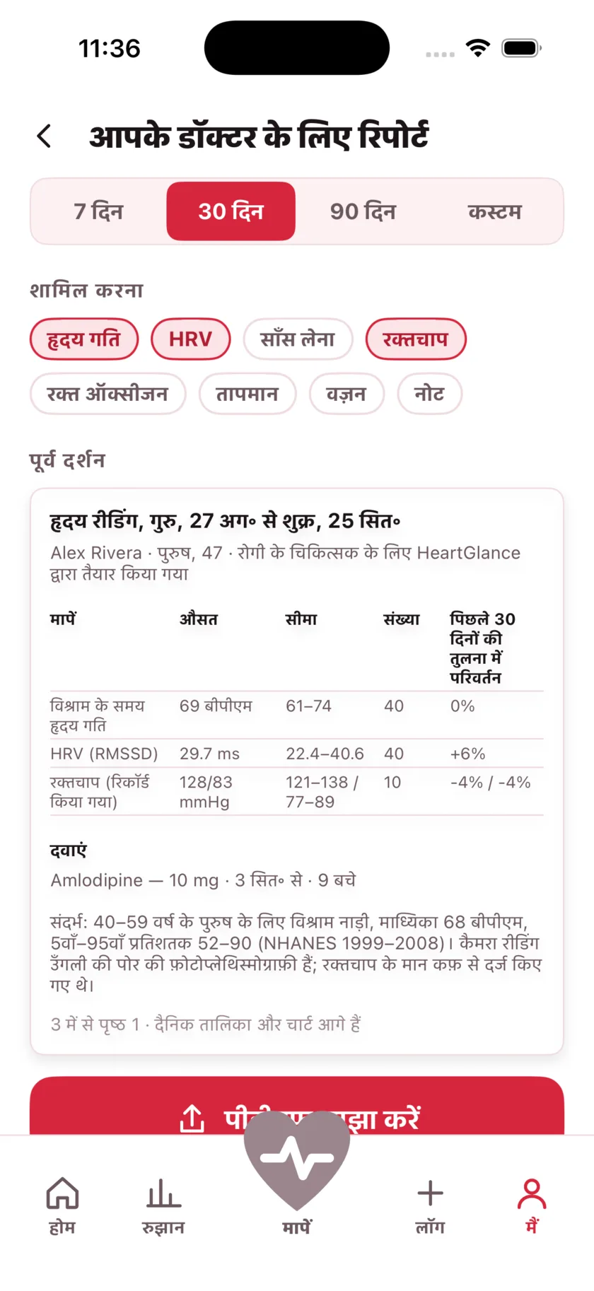 The report for your doctor: a printable page of averages, ranges and daily readings.