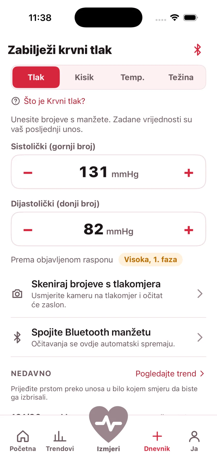 The log screen for entering blood pressure, blood oxygen, temperature and weight by hand.