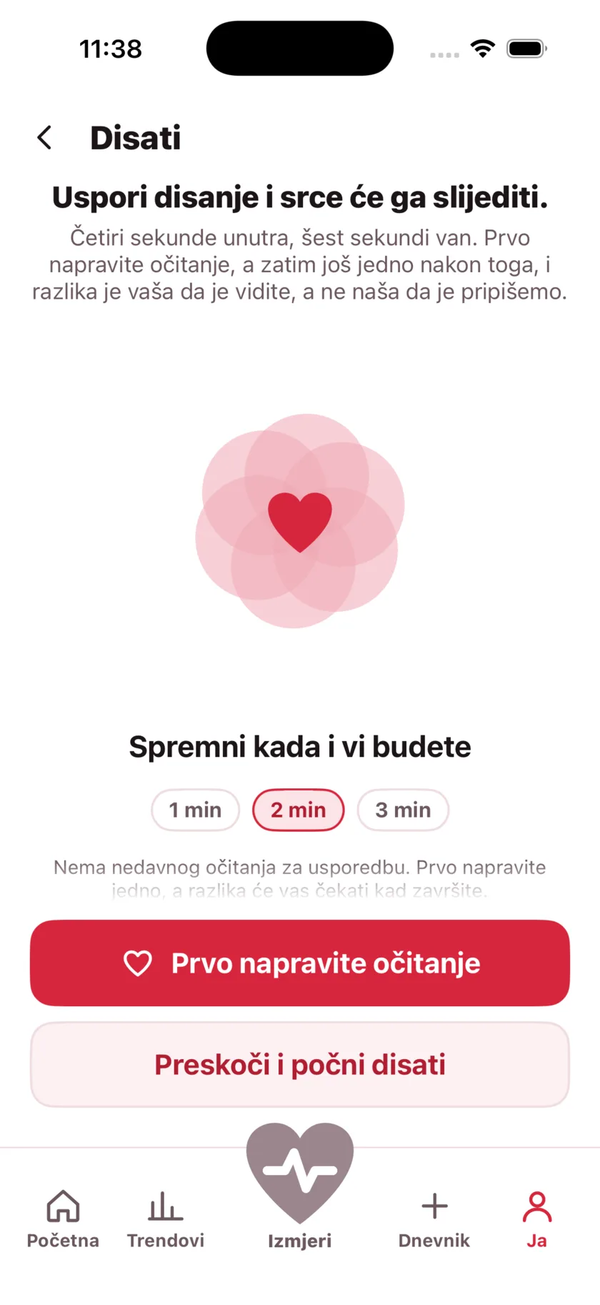 The Breathe screen: a large heart expanding and contracting, the words Breathe in, and a one, two or three minute choice.
