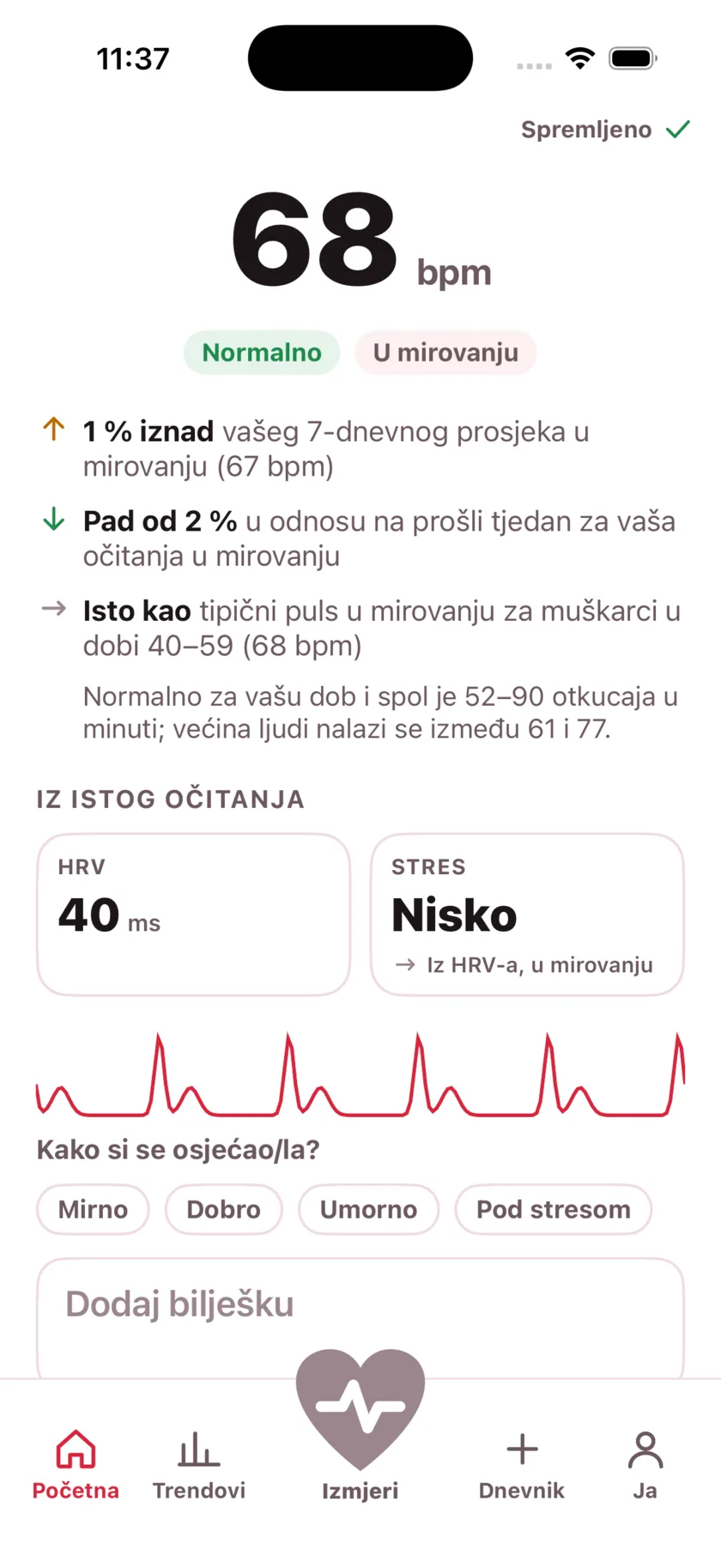 The result screen after a reading, showing the heart rate, its status, and the variability recorded from the same capture.
