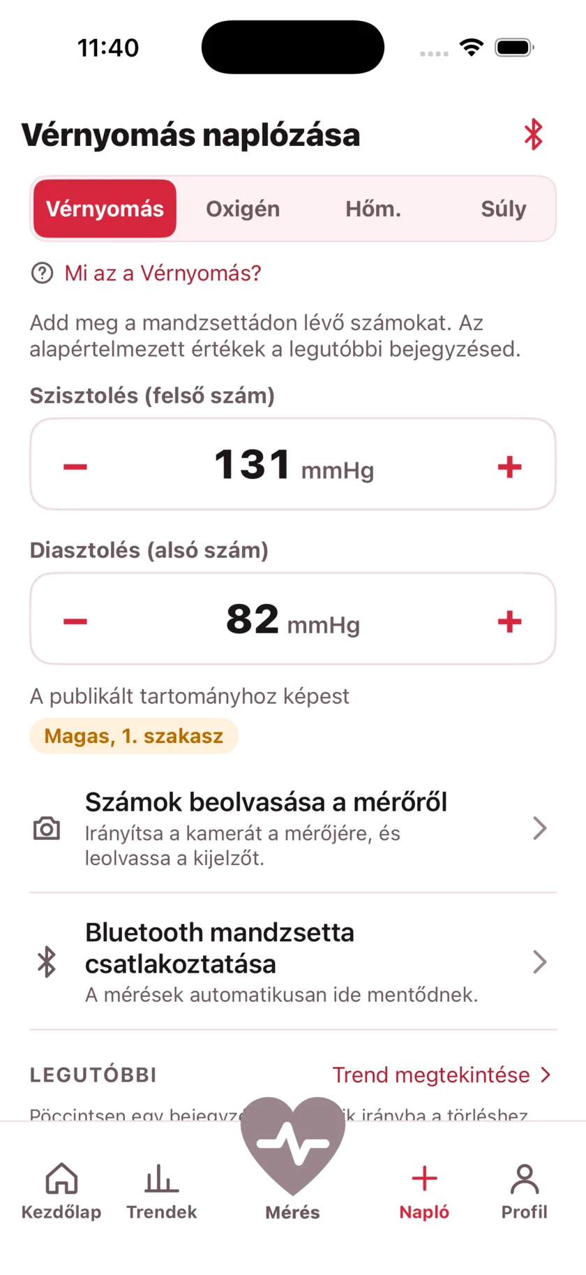 The log screen for entering blood pressure, blood oxygen, temperature and weight by hand.