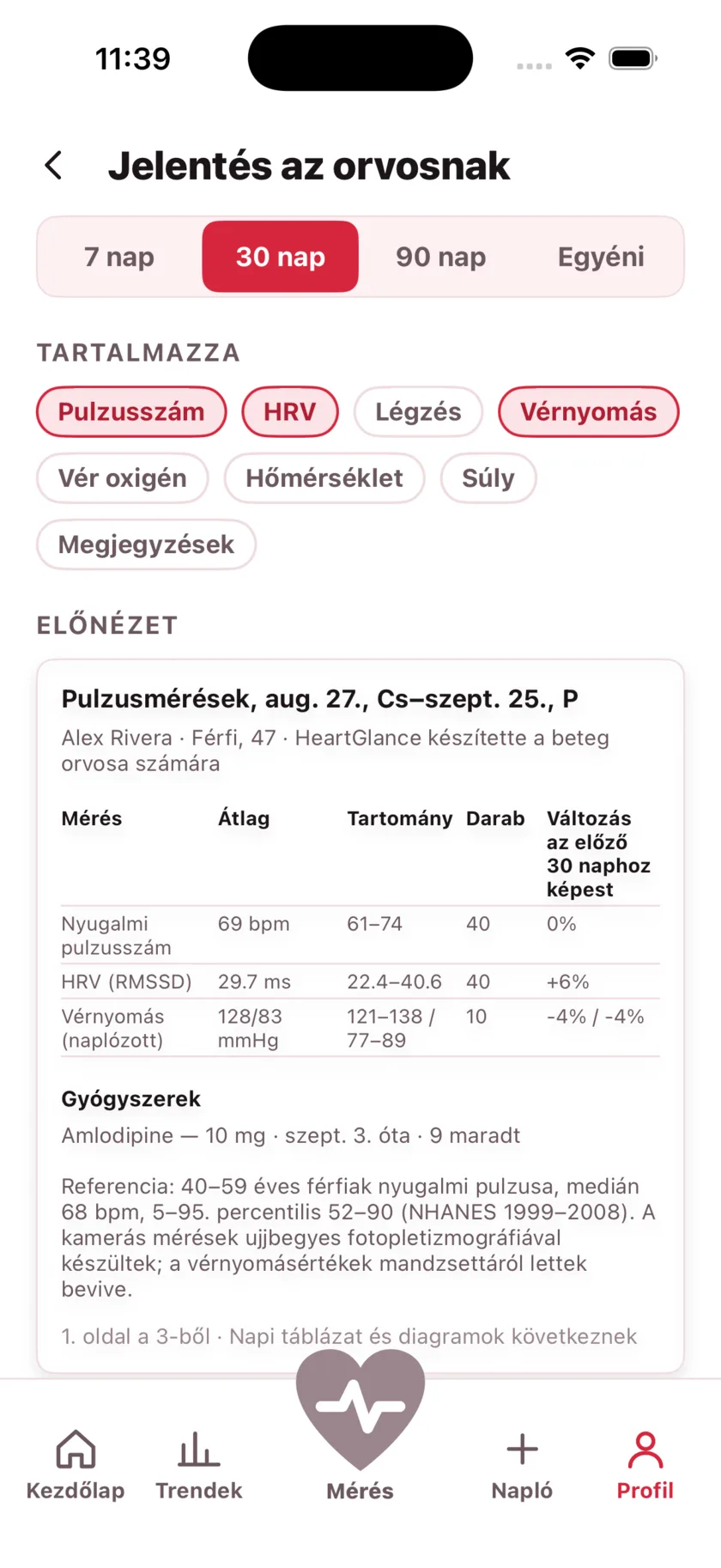 The report for your doctor: a printable page of averages, ranges and daily readings.