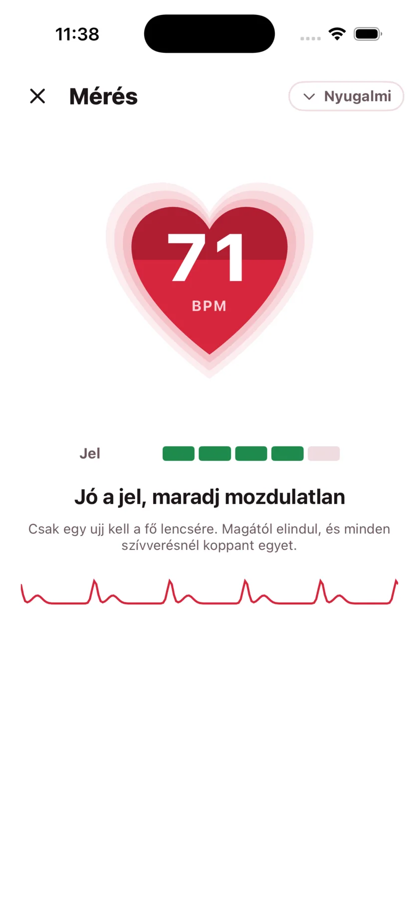 Taking a reading in HeartGlance: a large red heart filling from the bottom with 68 BPM inside it, a signal strength meter, and a live pulse trace.