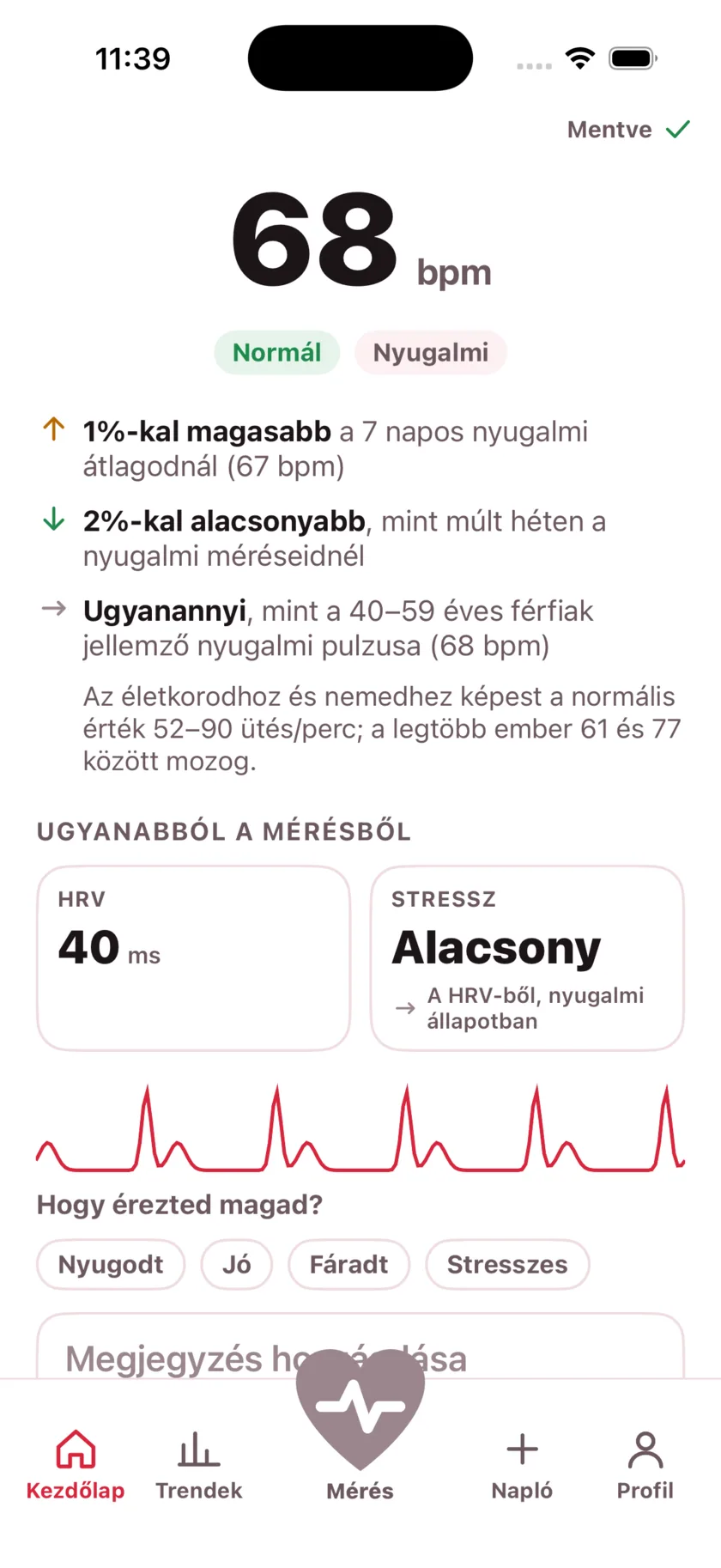 The result screen after a reading, showing the heart rate, its status, and the variability recorded from the same capture.