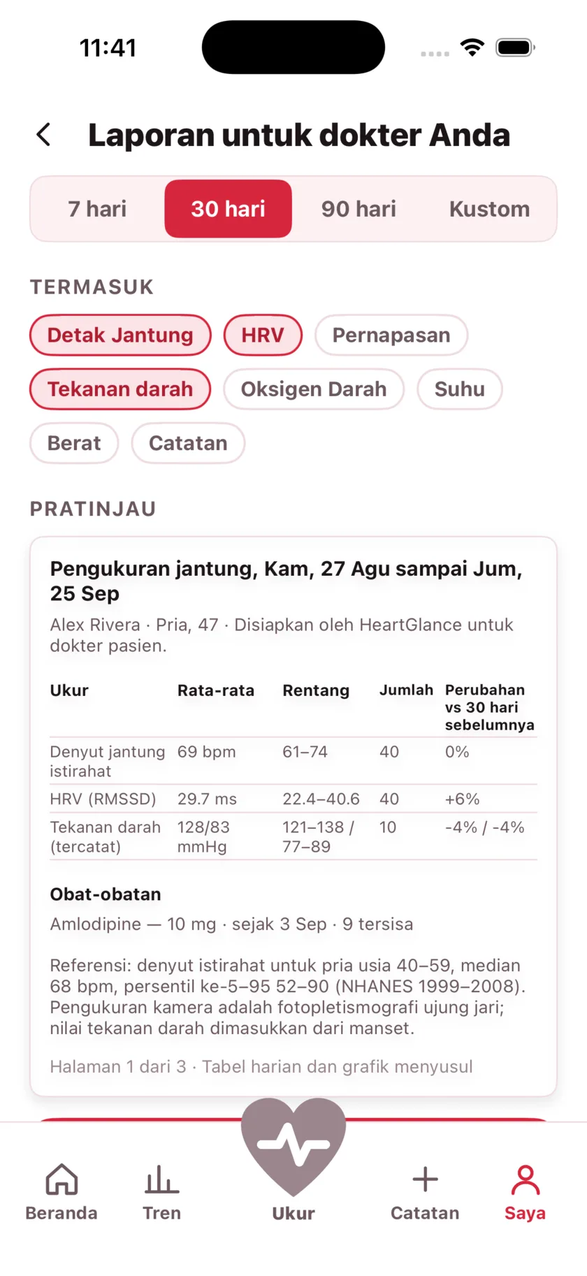 The report for your doctor: a printable page of averages, ranges and daily readings.