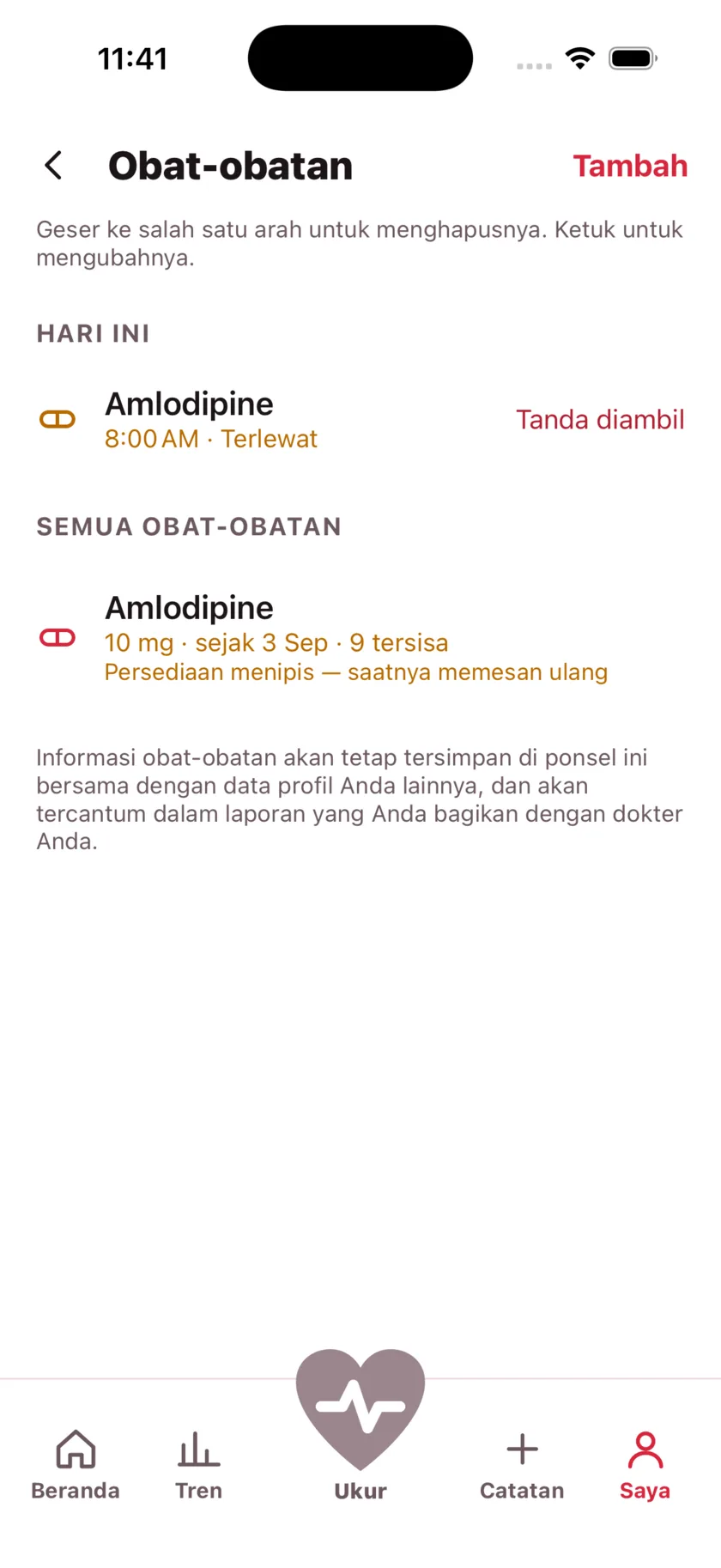 The medications screen showing today's dose due and a warning that the packet is running low.