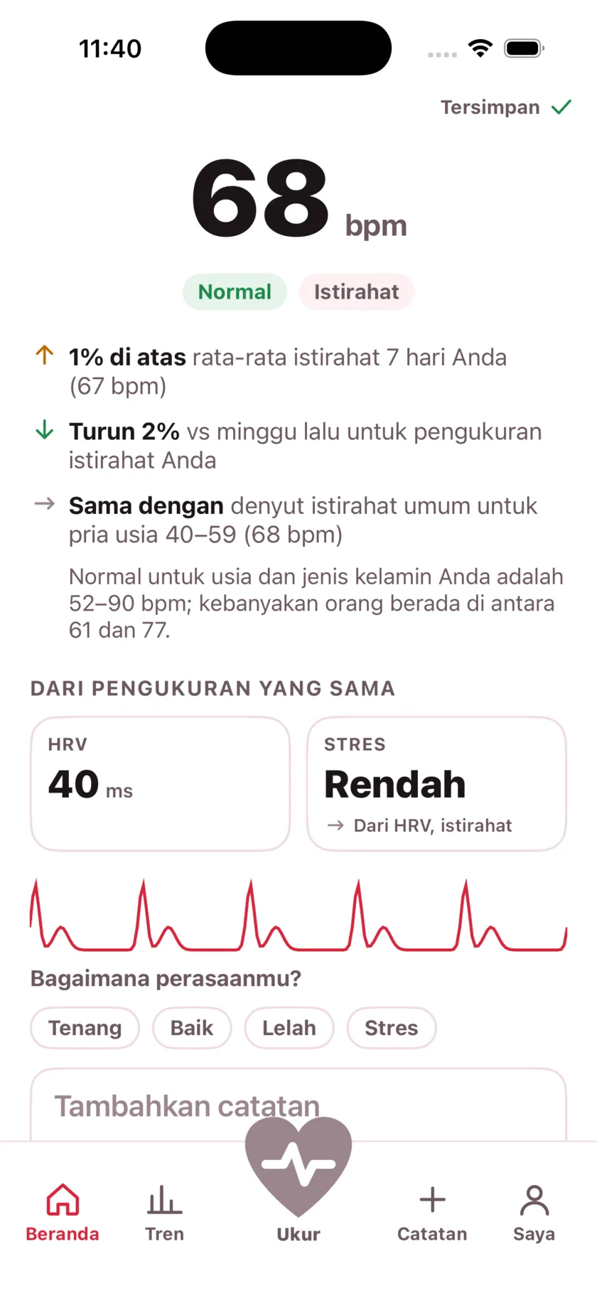 The result screen after a reading, showing the heart rate, its status, and the variability recorded from the same capture.