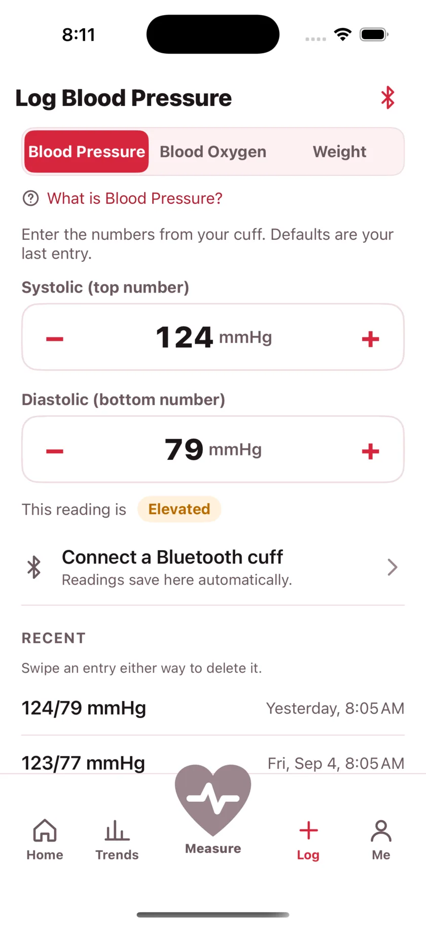 The log screen for entering blood pressure, blood oxygen and weight by hand.