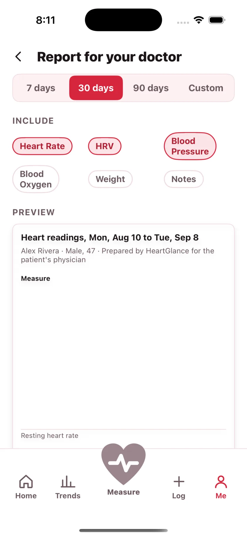 The report for your doctor: a printable page of averages, ranges and daily readings.