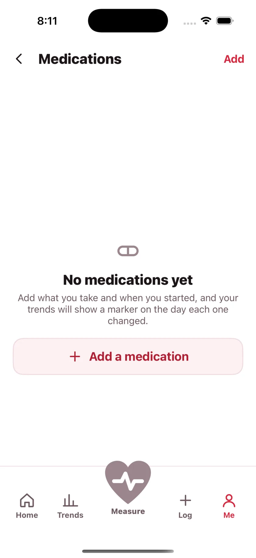 The medications screen showing today's dose due and a warning that the packet is running low.