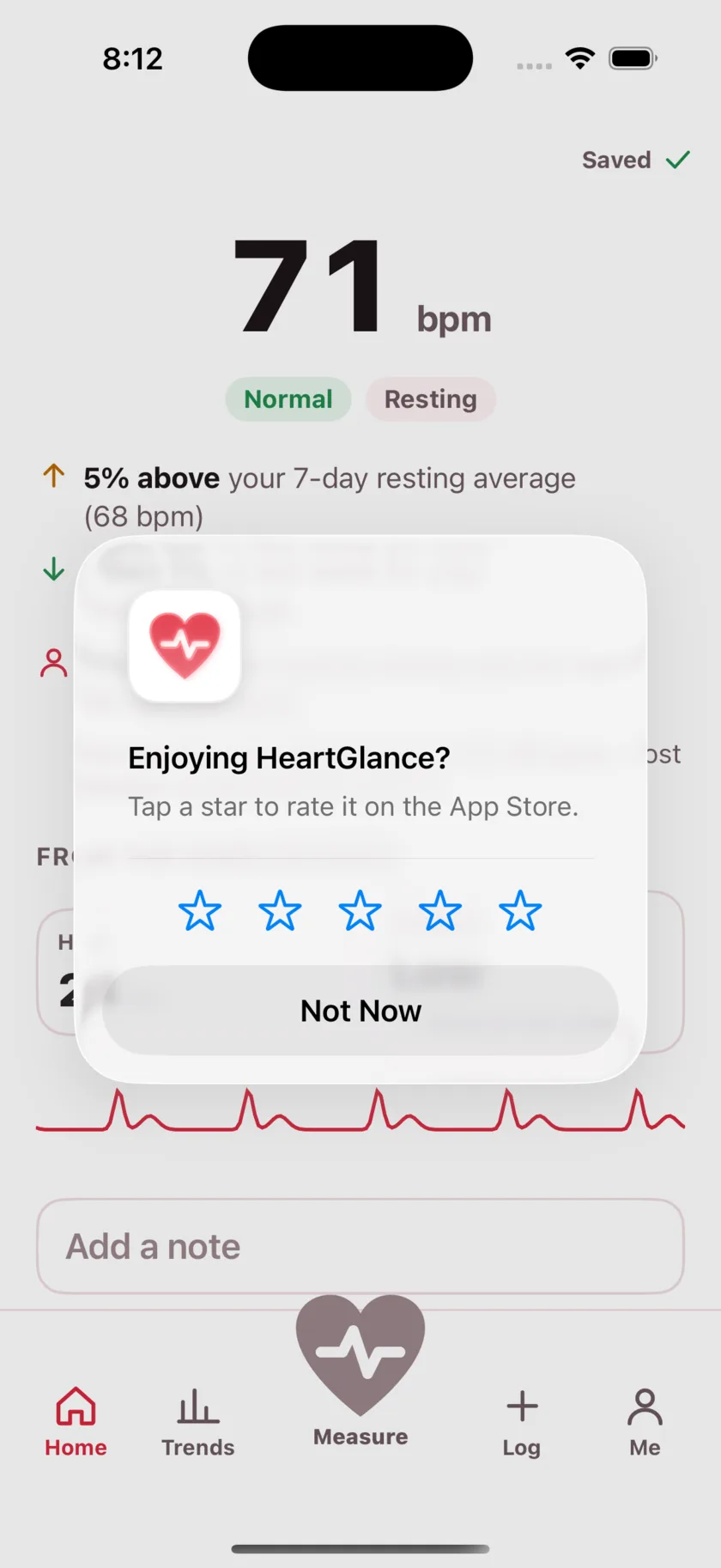 The result screen after a reading, showing the heart rate, its status, and the variability recorded from the same capture.