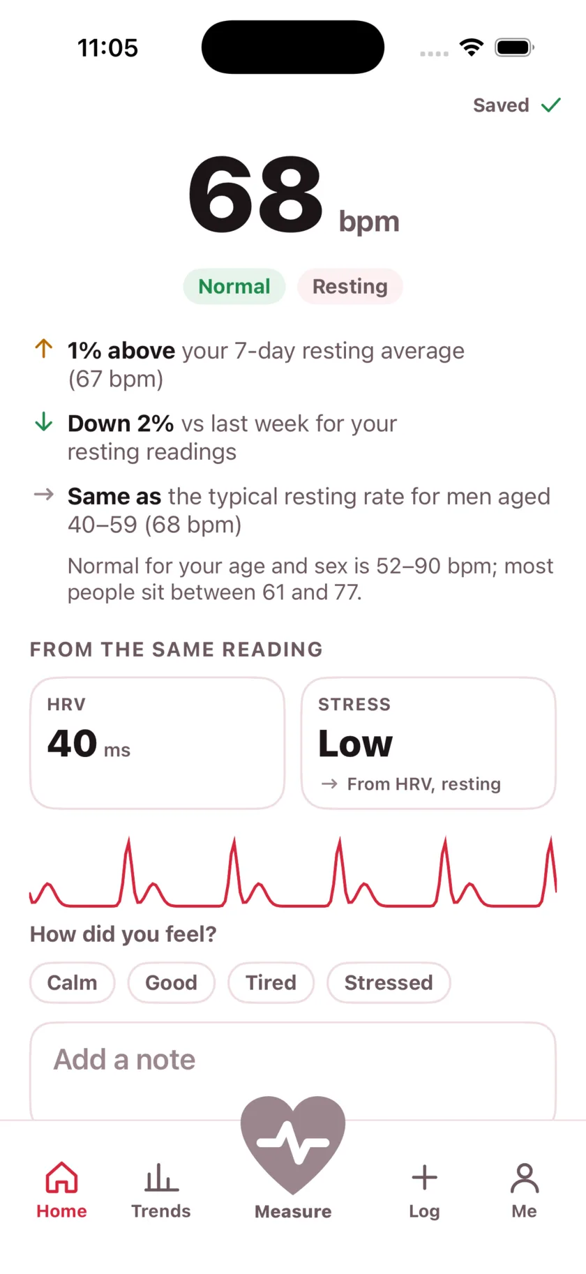 The result screen after a reading, showing the heart rate, its status, and the variability recorded from the same capture.