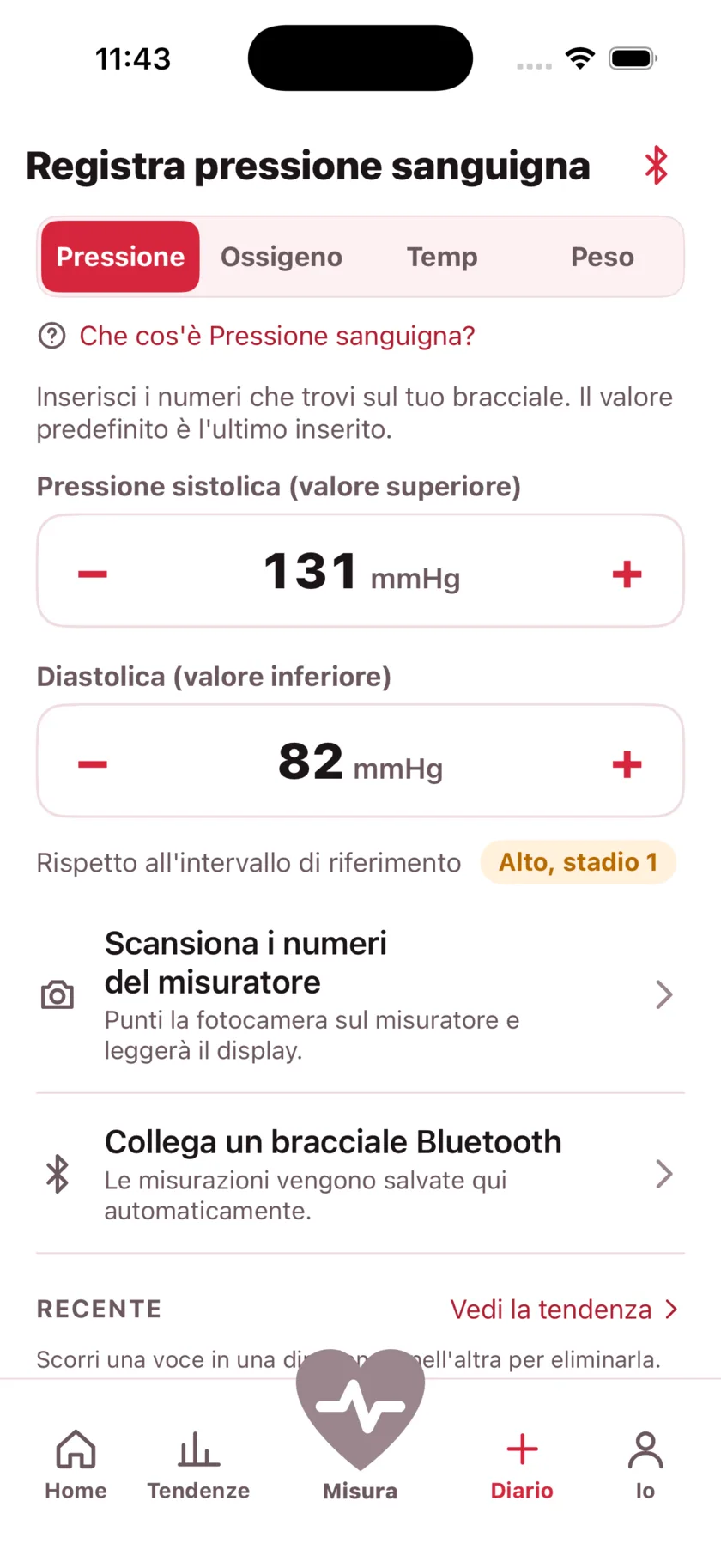 The log screen for entering blood pressure, blood oxygen, temperature and weight by hand.