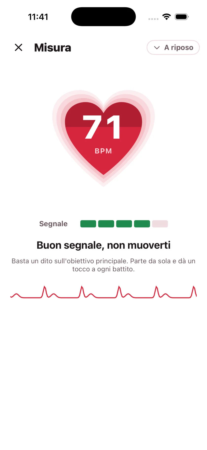 Taking a reading in HeartGlance: a large red heart filling from the bottom with 68 BPM inside it, a signal strength meter, and a live pulse trace.