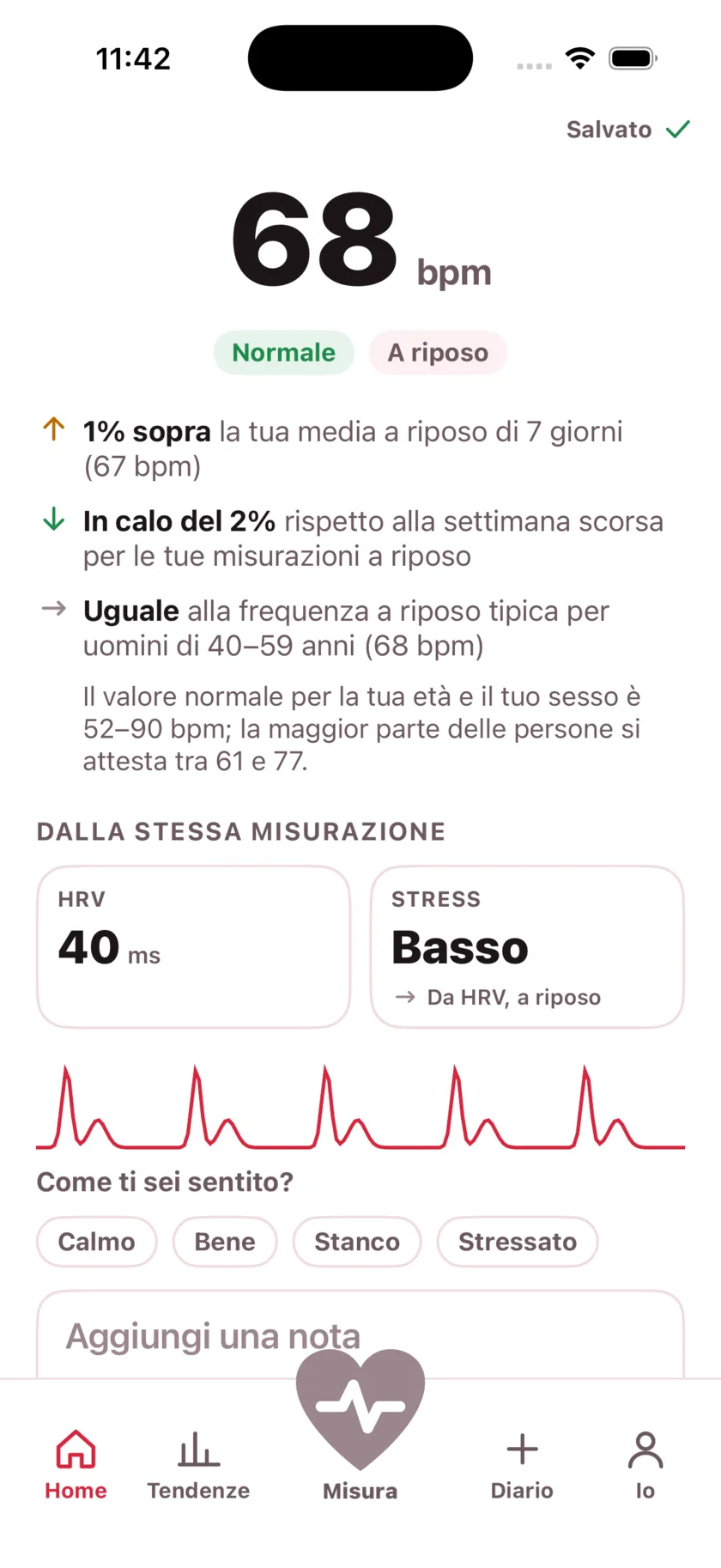 The result screen after a reading, showing the heart rate, its status, and the variability recorded from the same capture.